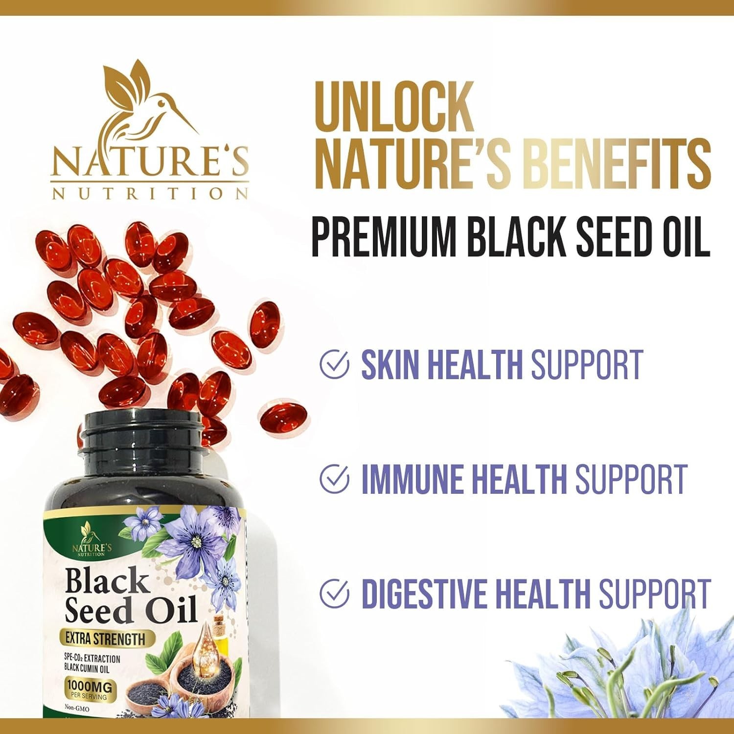 Black Seed Oil Capsules 1000mg Nigella Sativa Black Cumin Seed Oil