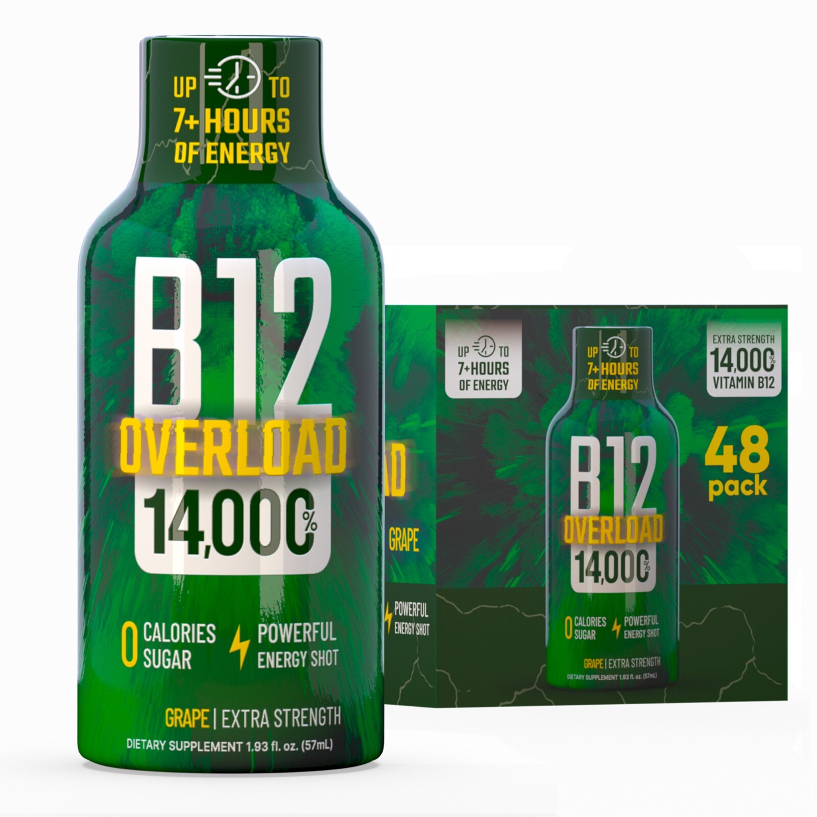 (48 Pack) GAQ B12 Overload Energy Shots, Grape, Up to 7+ Hours of Energy