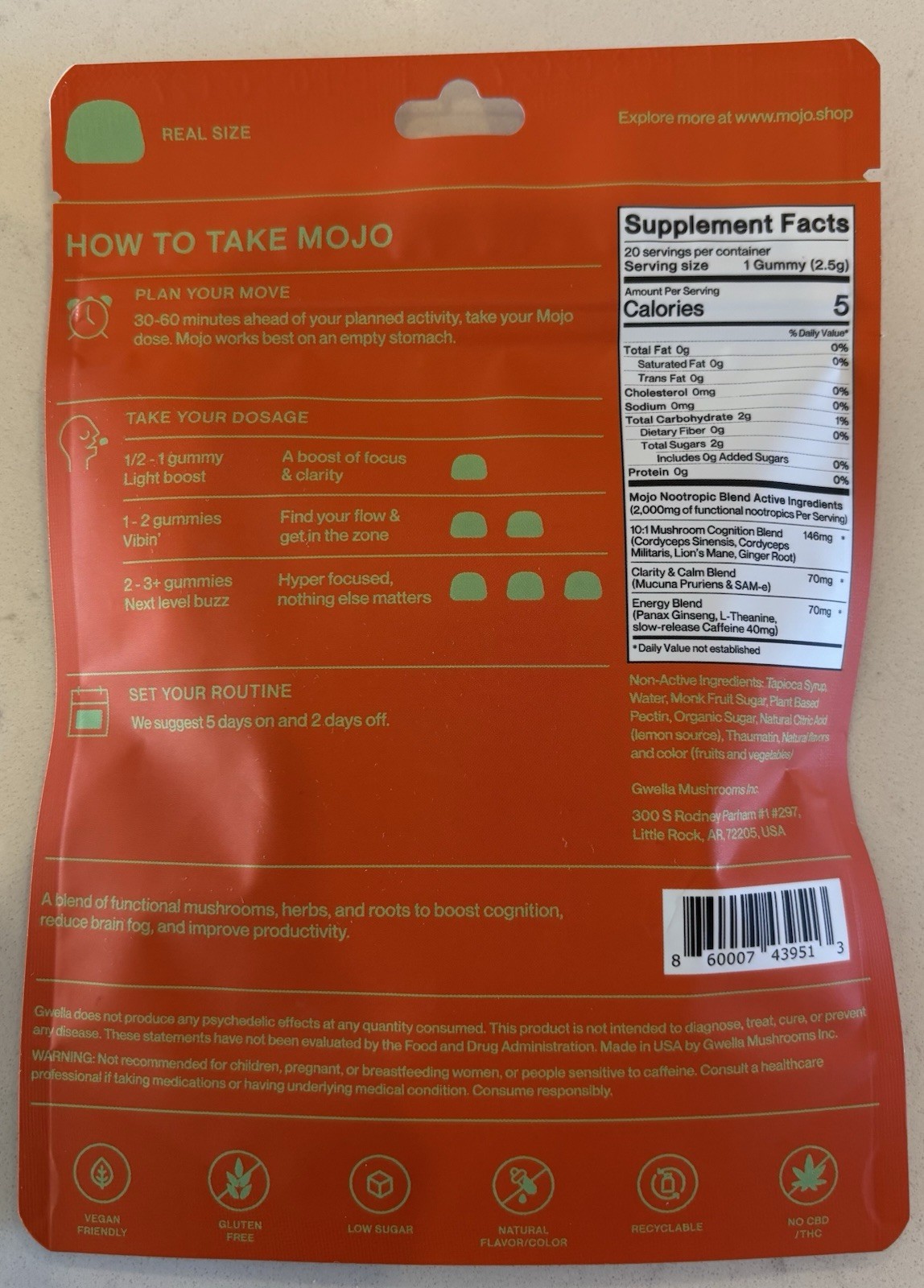 Mojo Brain Boost Focus Gummies Strawberry Tangerine 20 Gummies Exp 3/27 Sealed