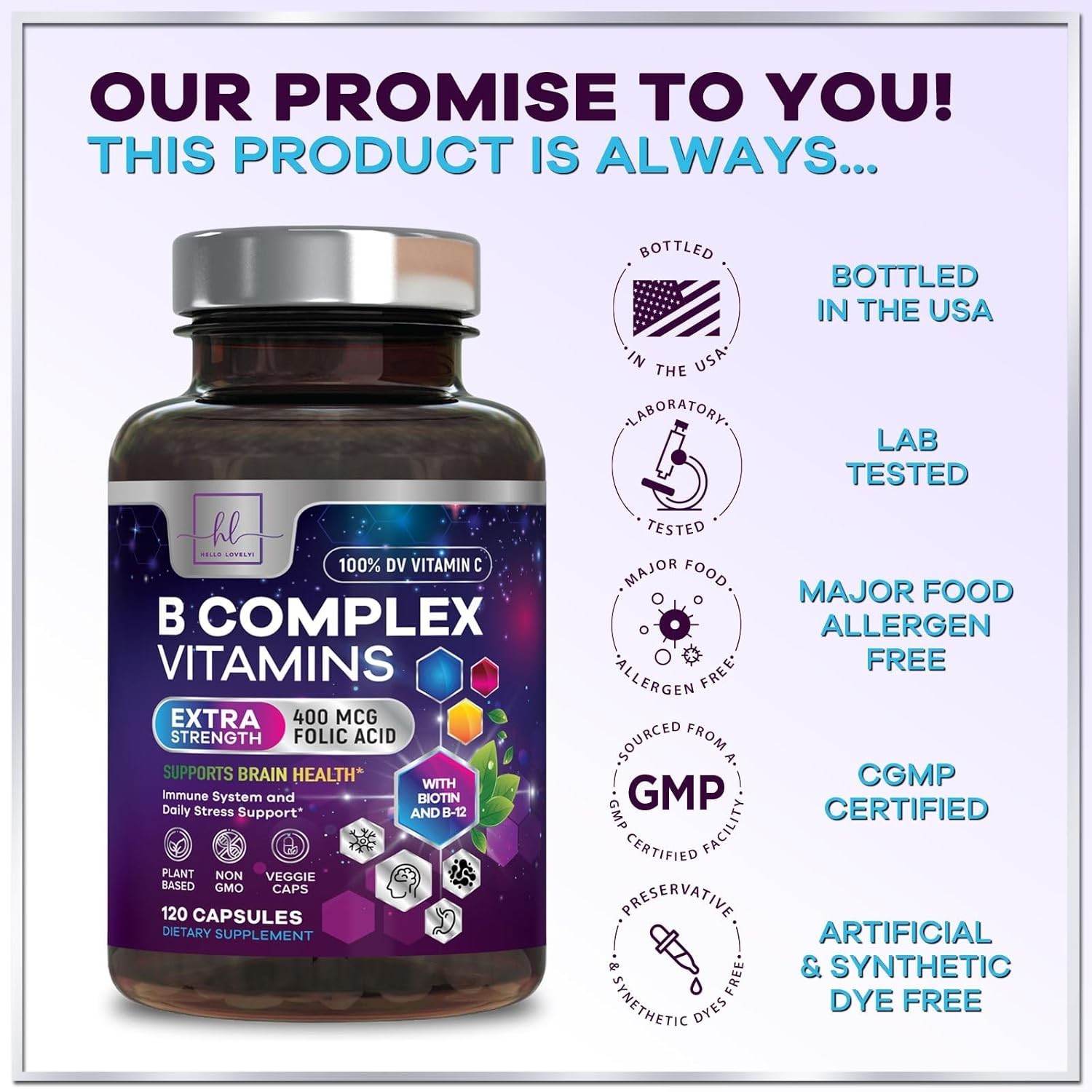 B Complex Vitamin Supplement 1000mcg – 3X Strength with Vitamin C & Folic Acid