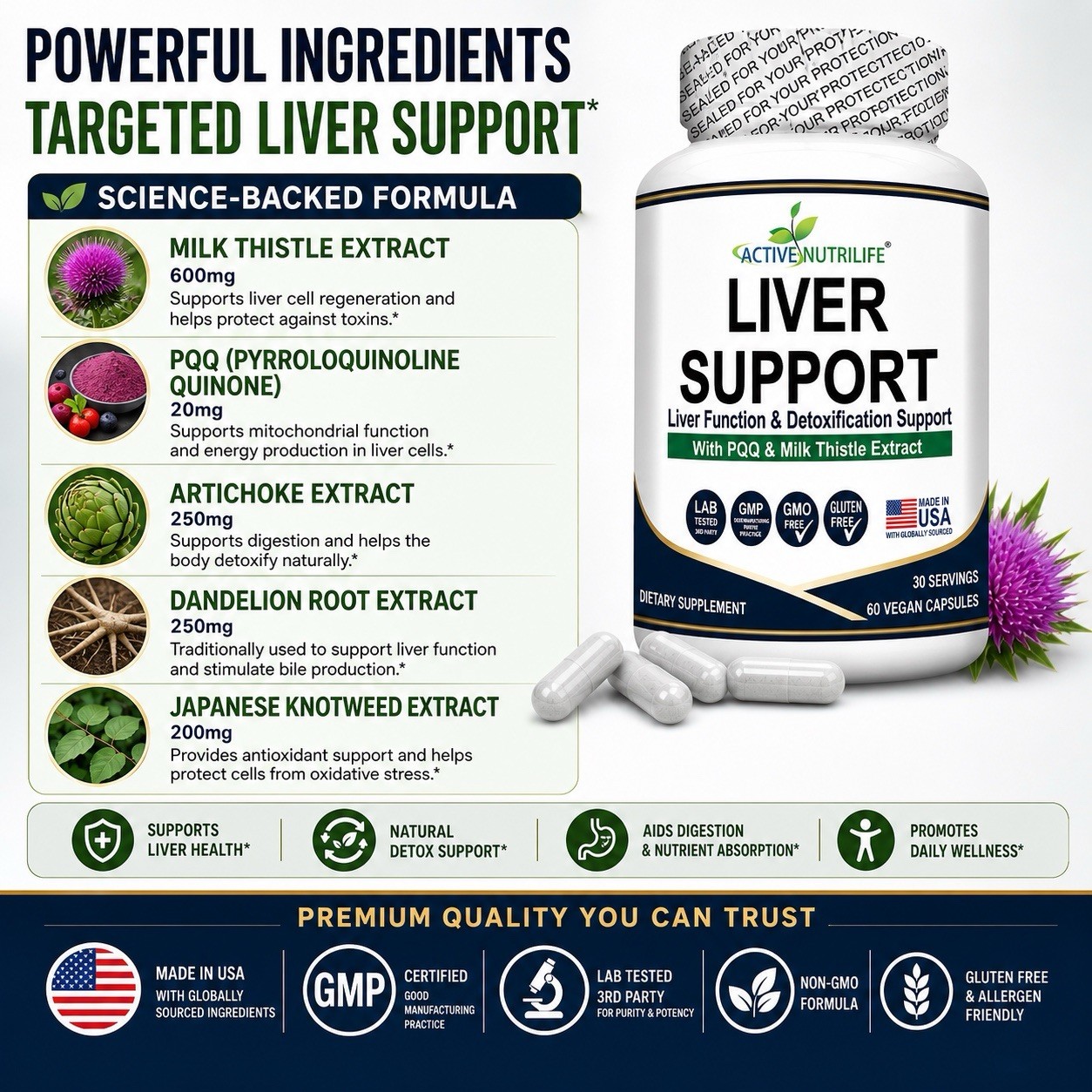 Liver Support Milk Thistle NAC Detox Capsules USA Made
