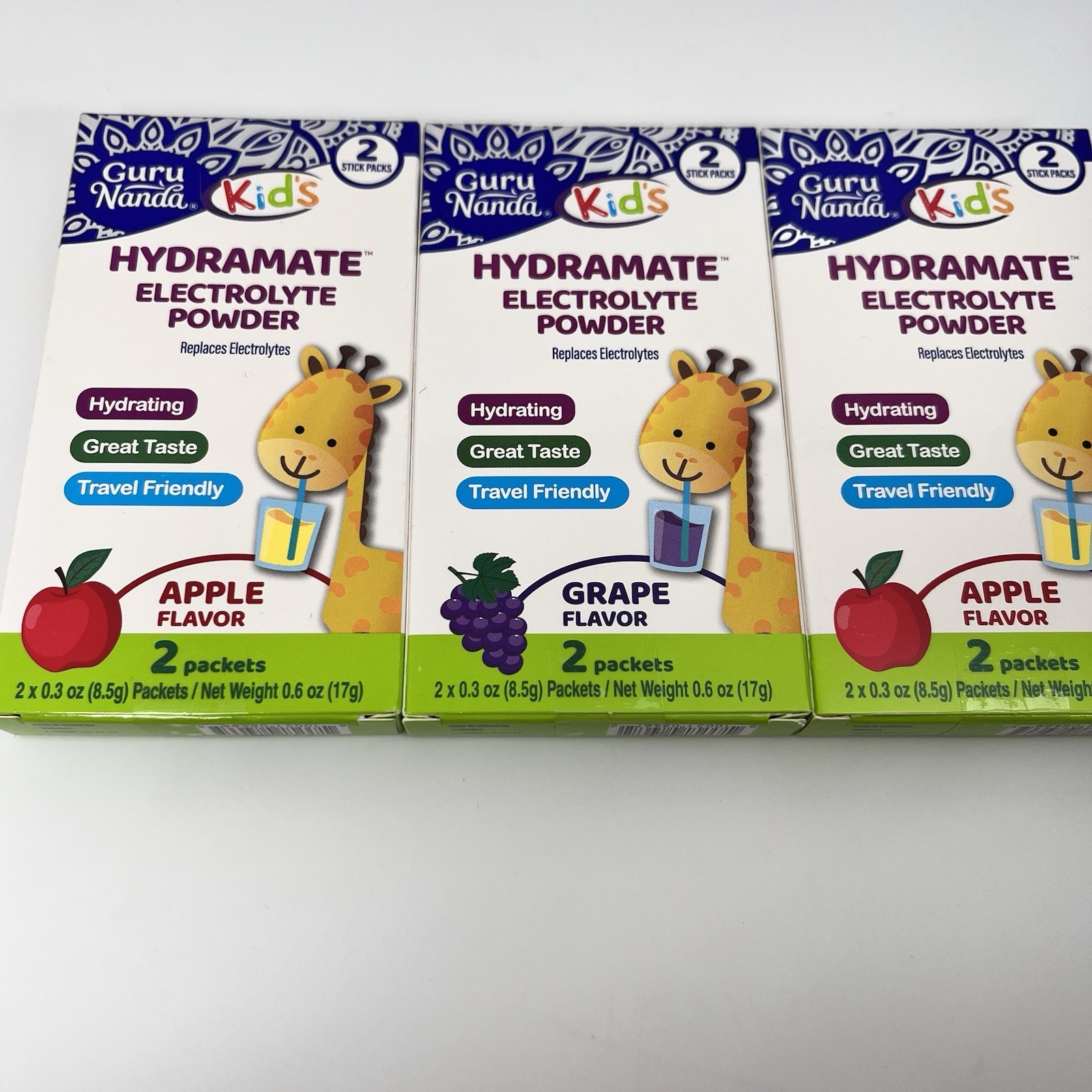 Guru Nanda Hydramate 3 boxes Kids Electrolyte Powder 2 box Apple & 1 Grape NEW