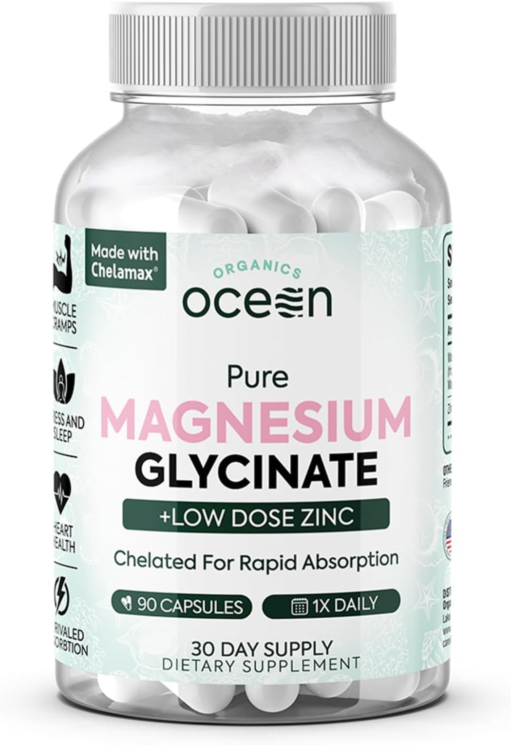 Organics Ocean Pure Magnesium 90 for Women and Men Glycinate Capsule sealed