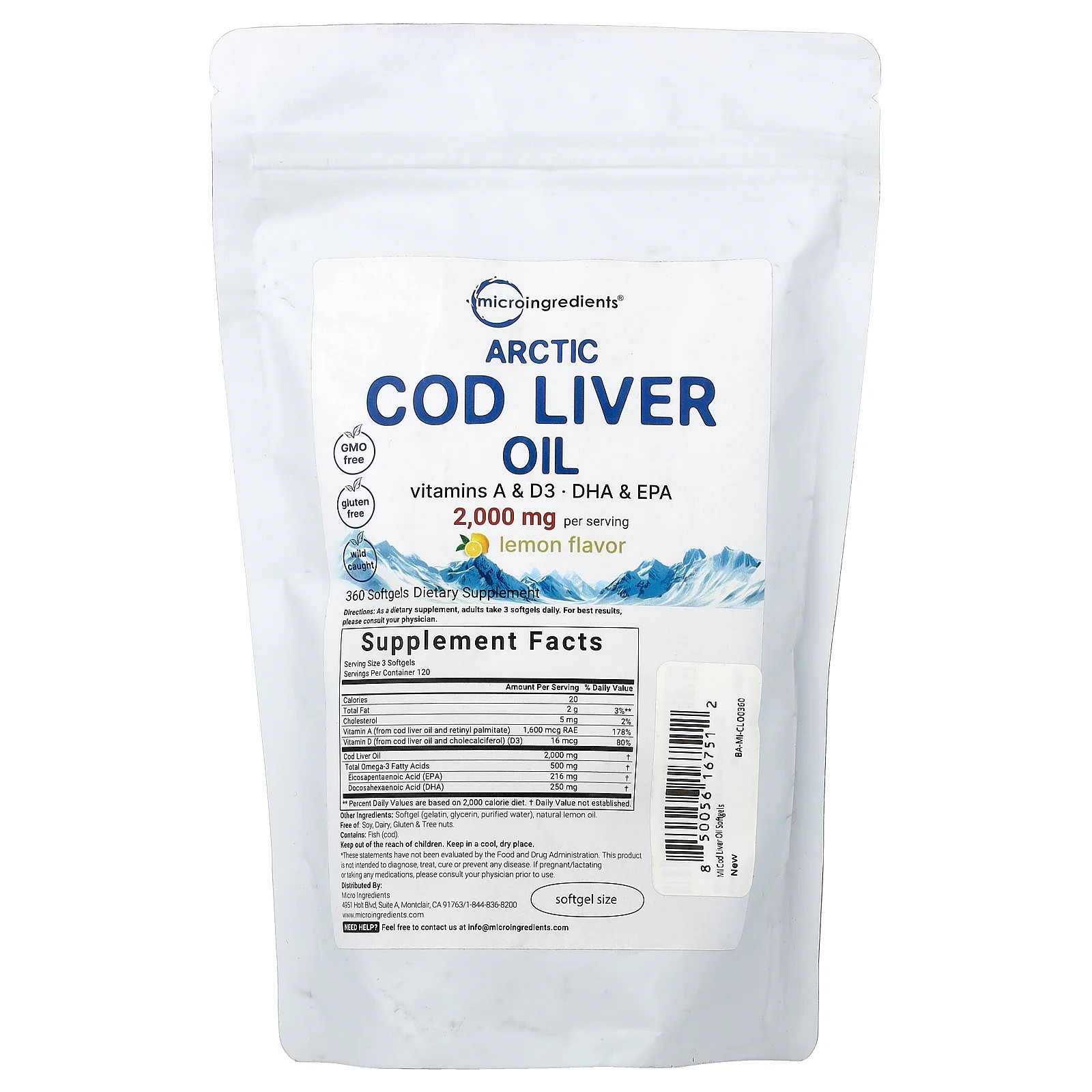 2 X Micro Ingredients, Arctic Cod Liver Oil, Lemon, 360 Softgels (666 mg per So
