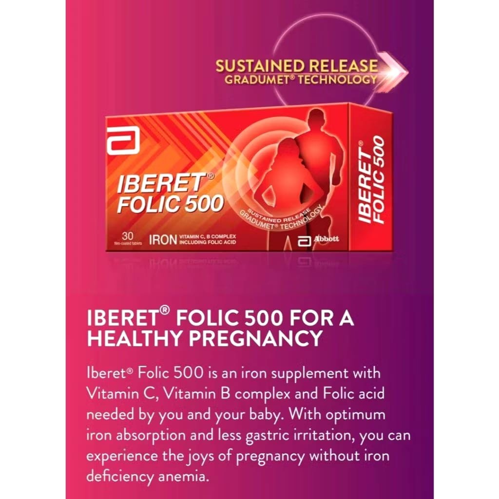 Abbott Iberet Folic 500 Supplement Iron For Anemia Pregnancy Heart Health 30’s