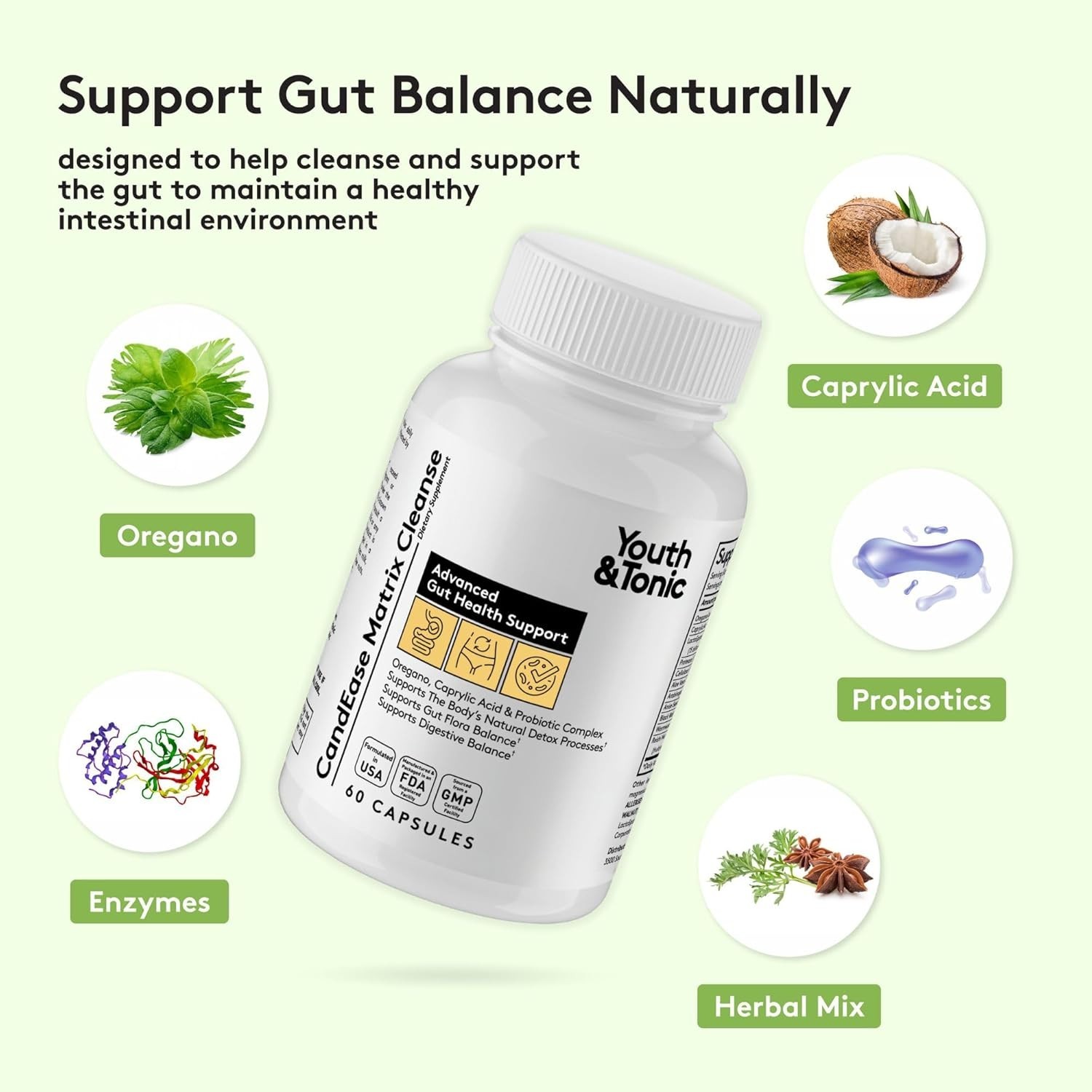 Gut Health Support Capsules with Oregano, Caprylic Acid, and Digestive Enzymes