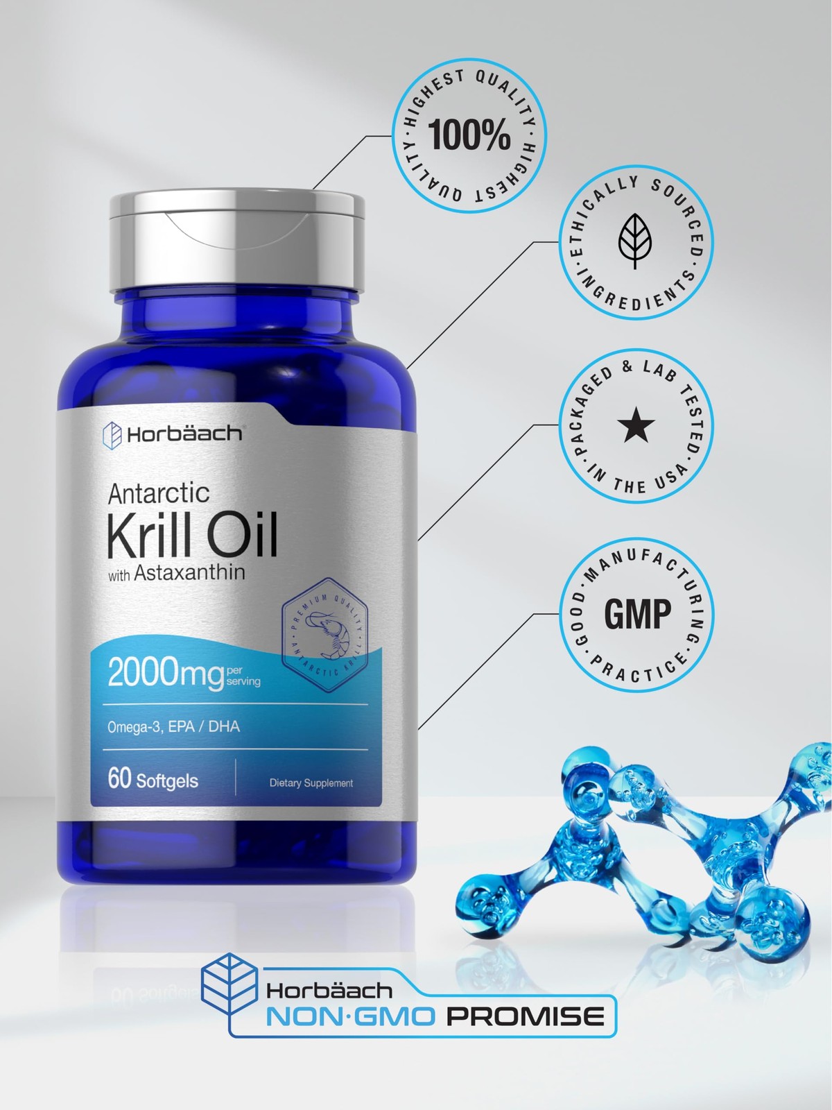 Horbäach Antarctic Krill Oil 2000mg | 60 Softgel 60 Count (Pack of 1)