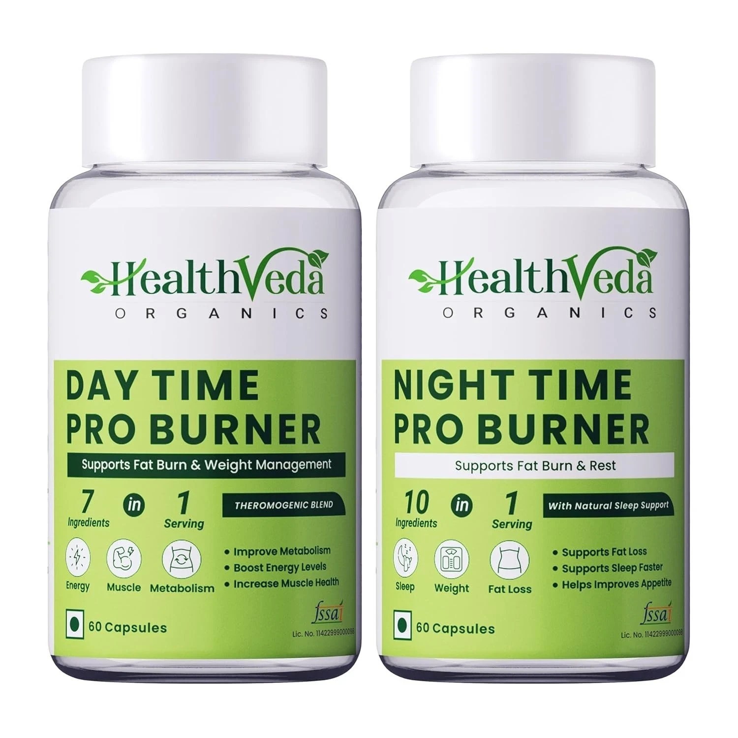 Health Veda Organics Day & Night Fat Burner Capsules 60 Each | Weight Loss