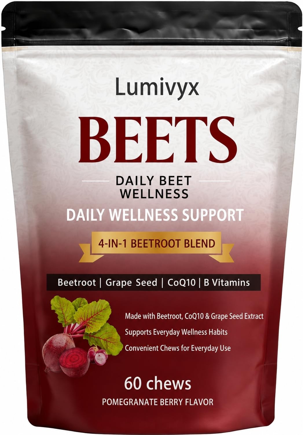 Beet Chews – Beetroot Blend with CoQ10 & Grape Seed Extract, Pomegranate Flavor,