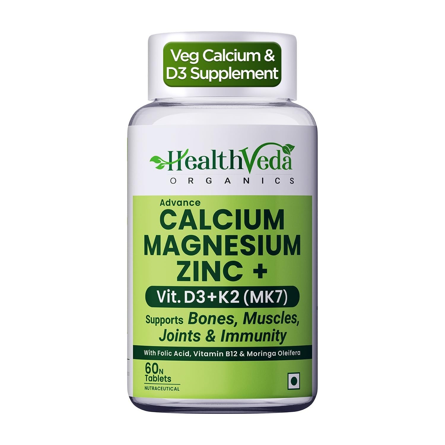 Health Veda Organics Calcium Magnesium Zinc with Vitamin D3, K2 MK7 & B12 (60tab