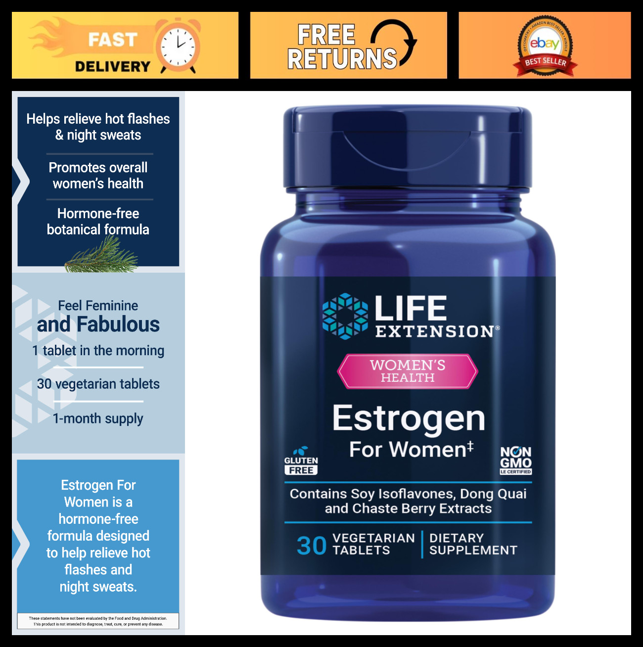 Estrogen Support for Women – Relieves Hot Flashes, Night Sweats, Soy Isoflavones