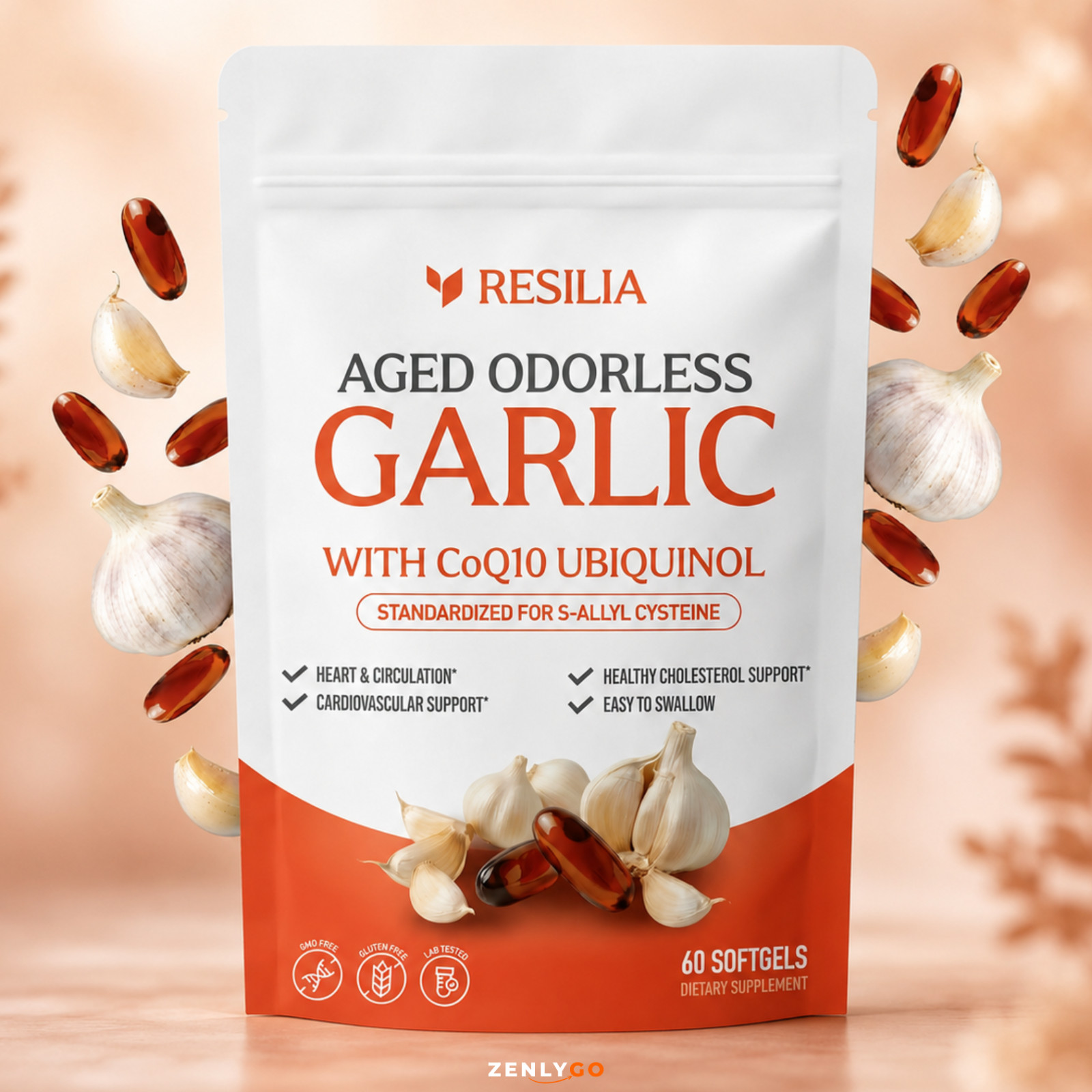 Resilia Garlic Extract 600mg Softgels (60 Count) – Odorless Aged Garlic Extra…