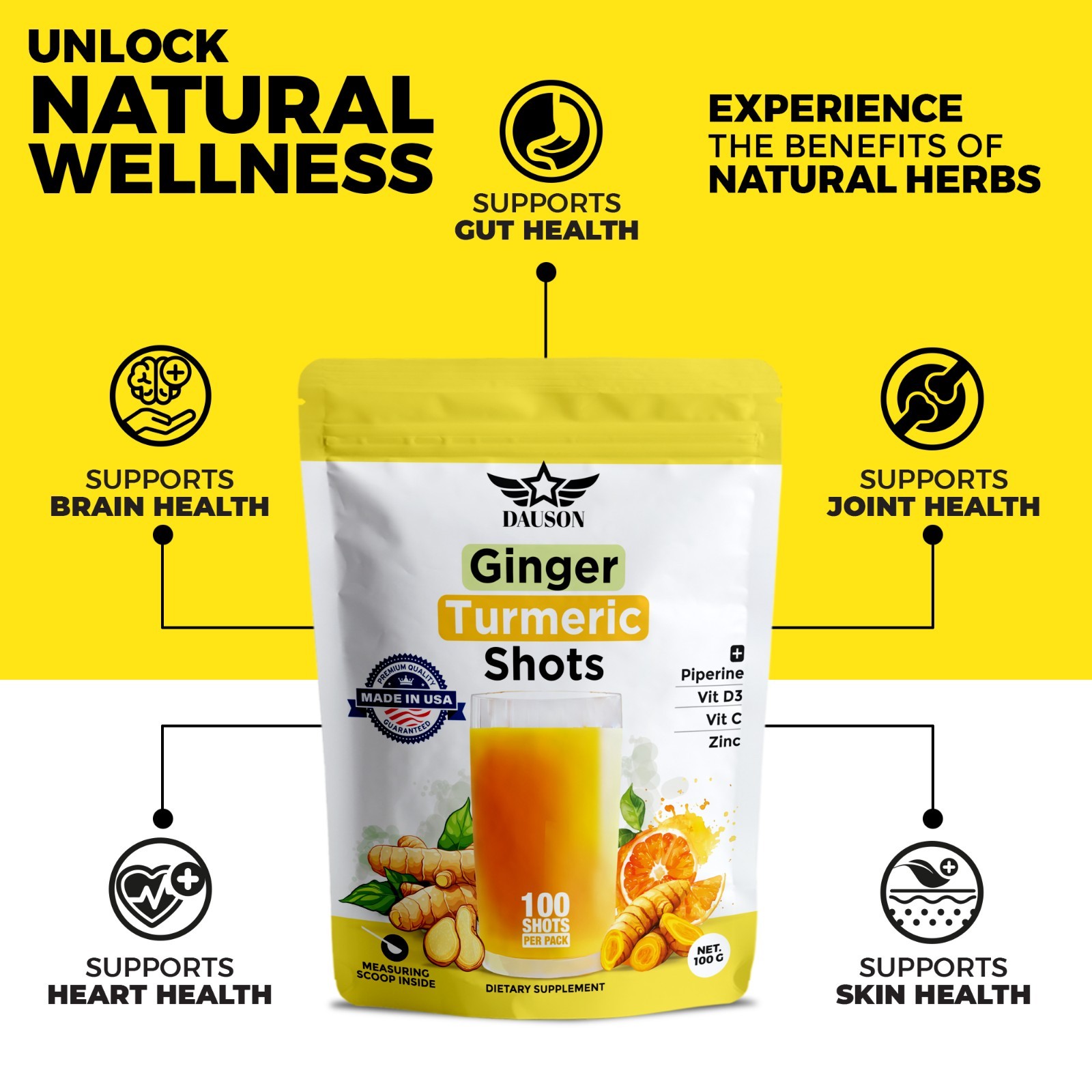 Ginger Turmeric Supplements with Piperine, Vitamin C, Vitamin D3 & Zinc