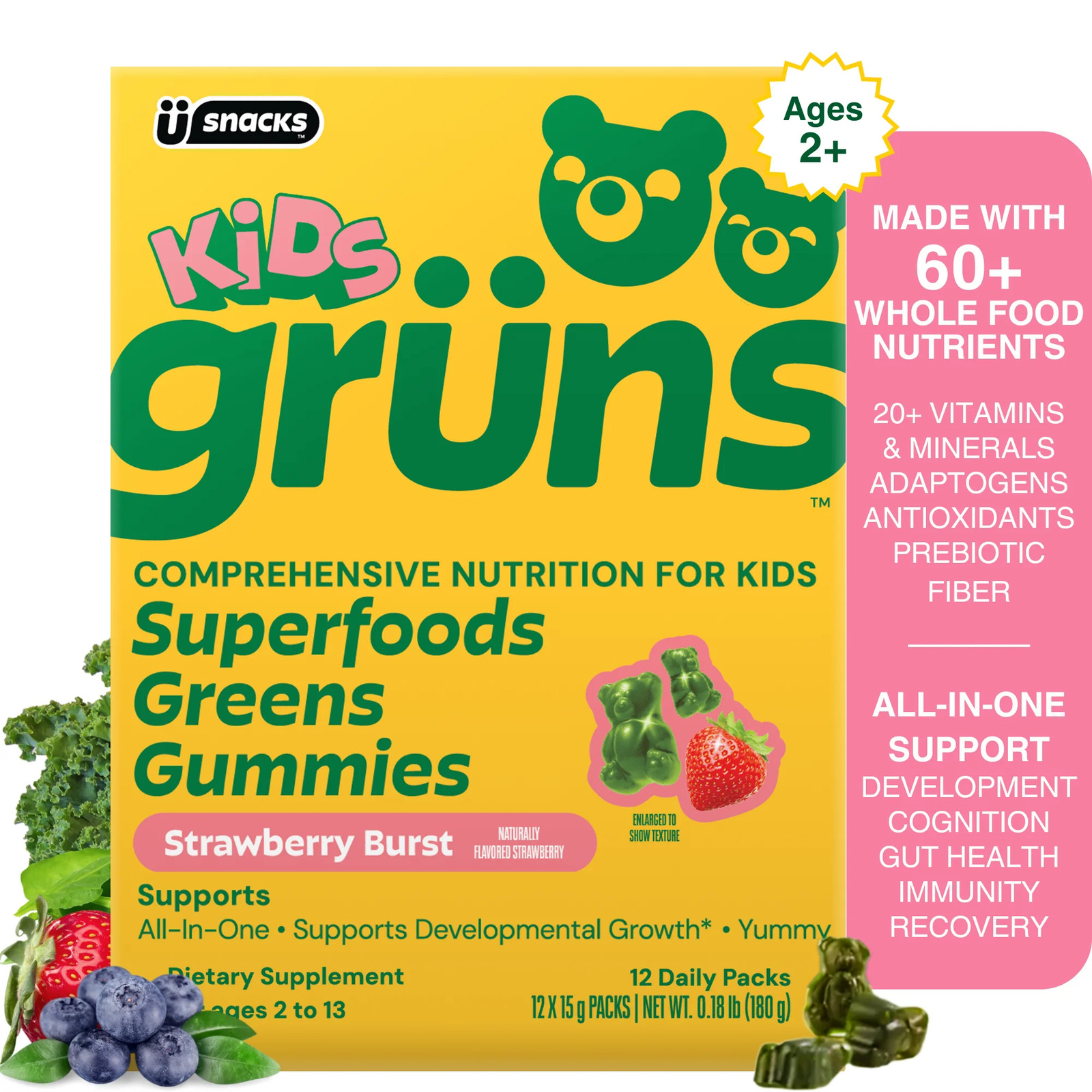 Grüns Kids Superfood Greens Gummies, Made with 60 Organic Ingredients, 20+ Vitam