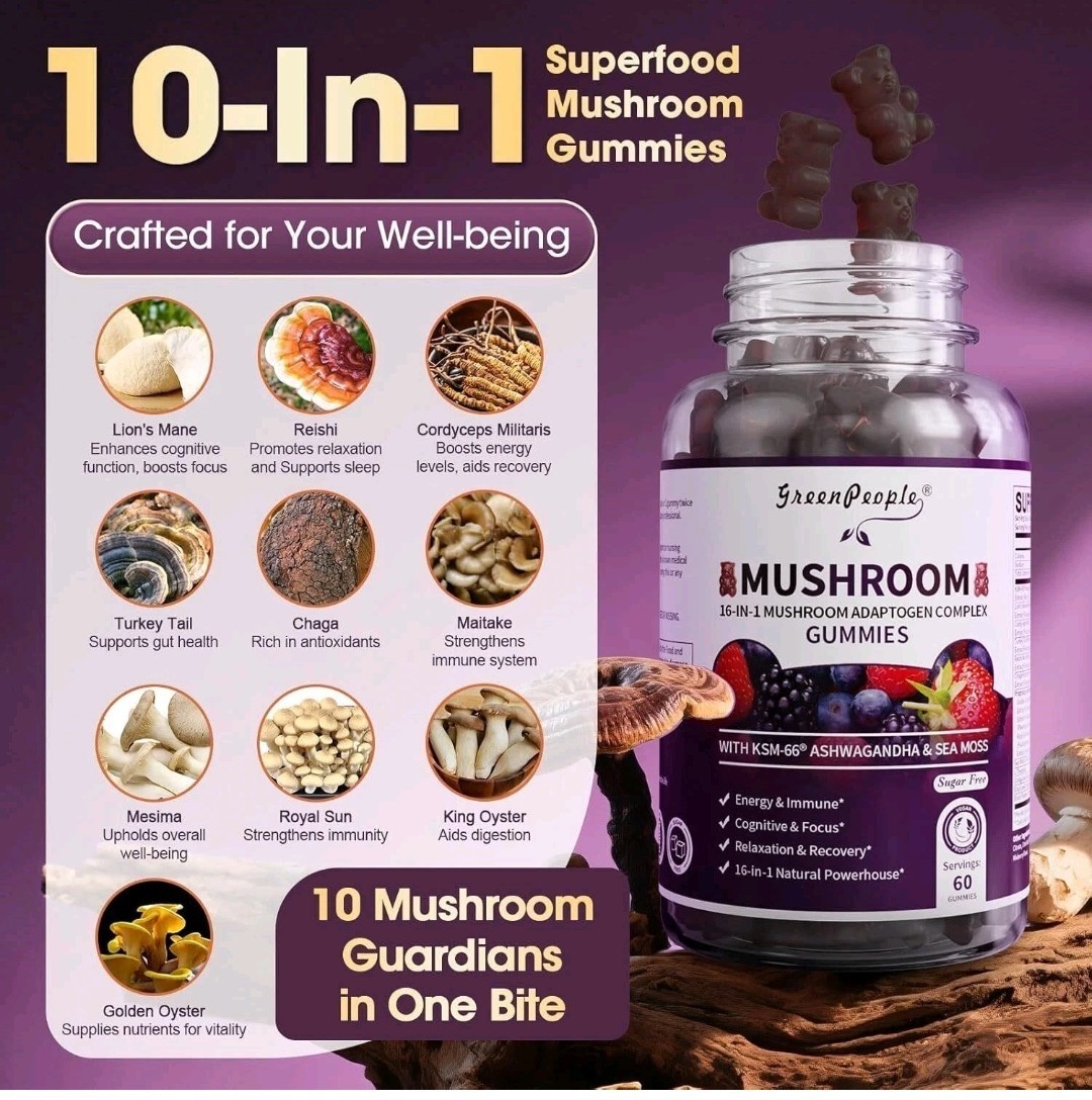 Green People – 4 Pack – Mushroom Gummies With Ashwagandha & Sea Moss Supplement