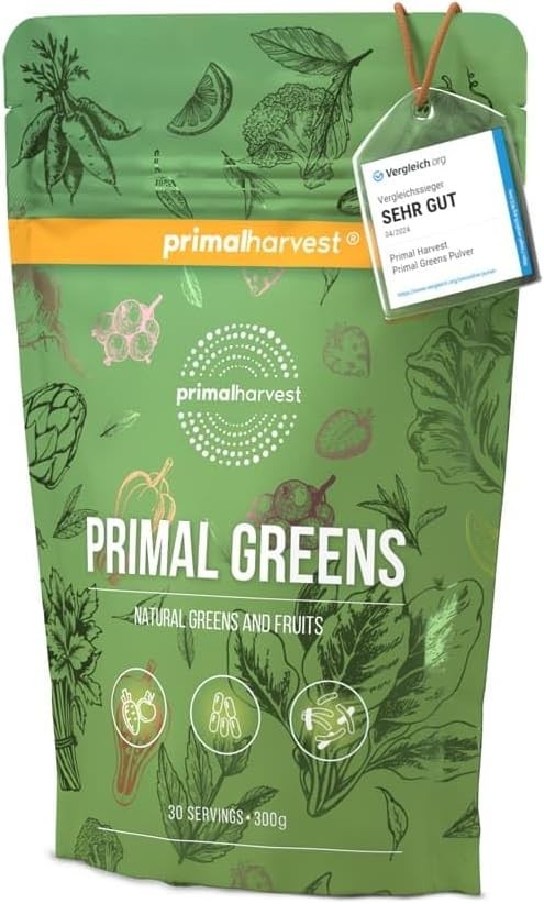 Primal Harvest Super Greens Powder, 30 Servings w/+50 Greens Superfood Chlorella