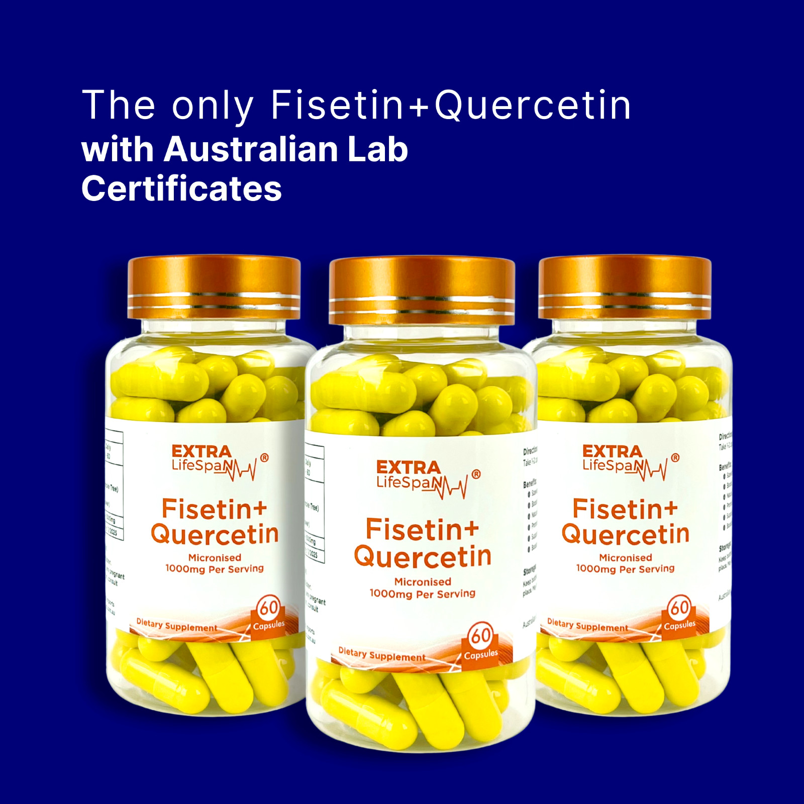 Fisetin 99.8% Quercetin 99.8% Australia 500mg 3 x 60s Extra Lifespan Supplements