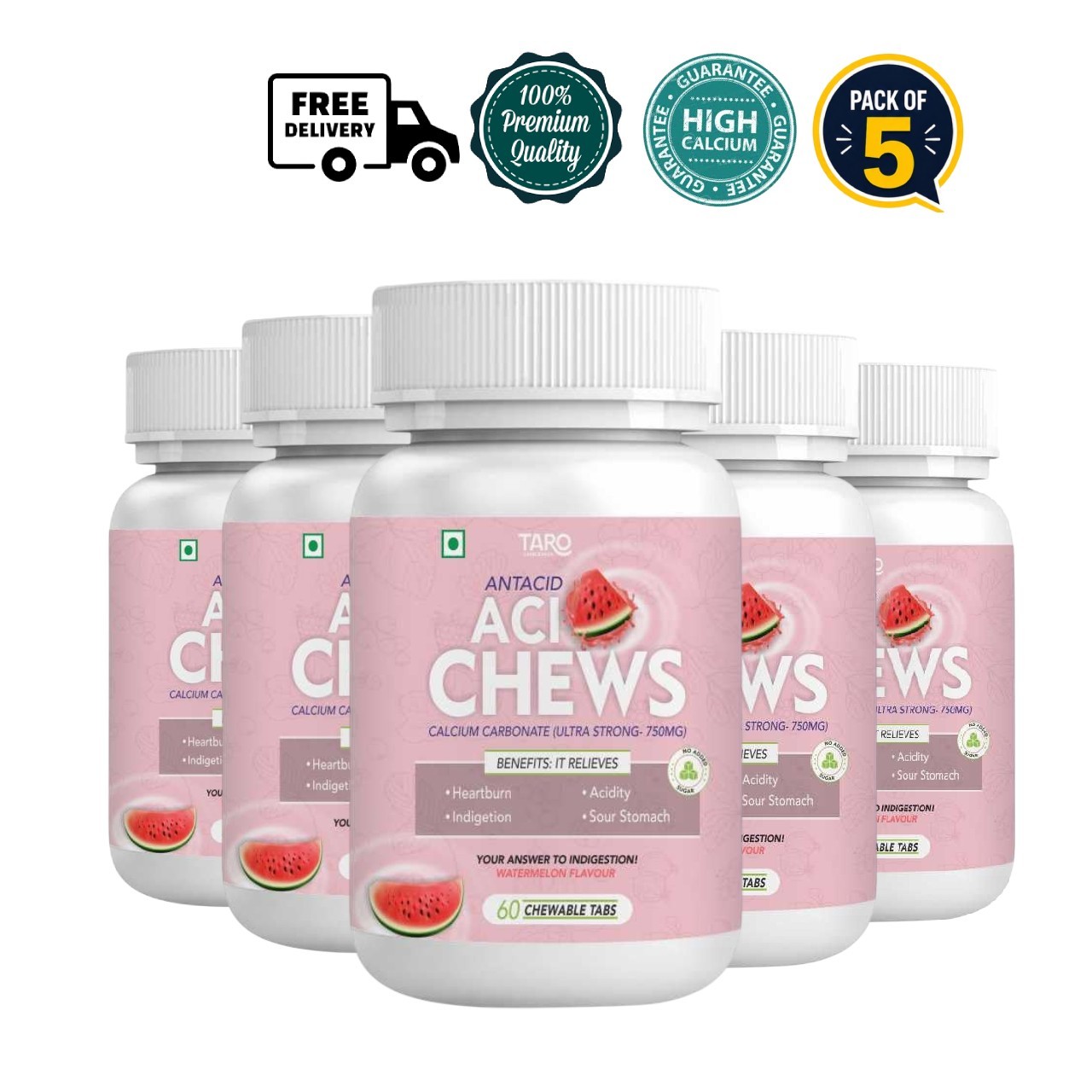 5 Pack TAN.ROM AciChews 750mg Calcium Carbonate 60 Chews