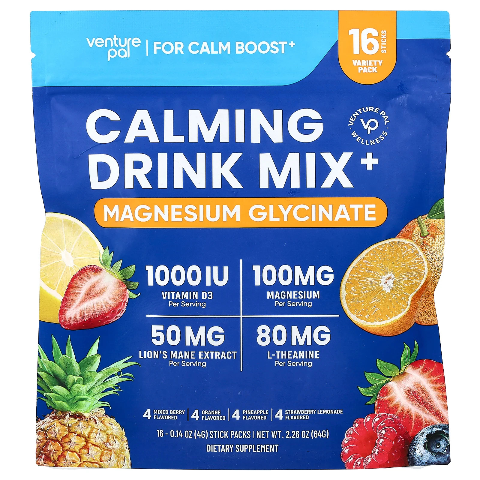 2 X Venture Pal, Calming Drink Mix+, Magnesium Glycinate, Variety, 16 Stick Pac