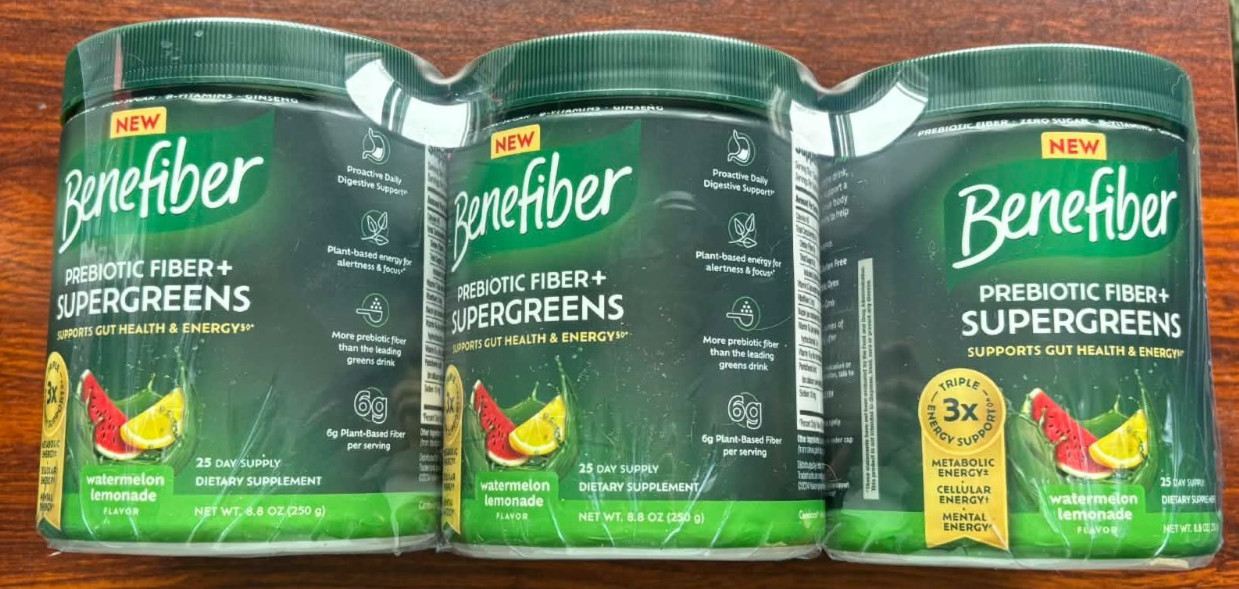 3 Benefiber Prebiotic Fiber Supergreens Powder Watermelon Lemonade EXP June 2027
