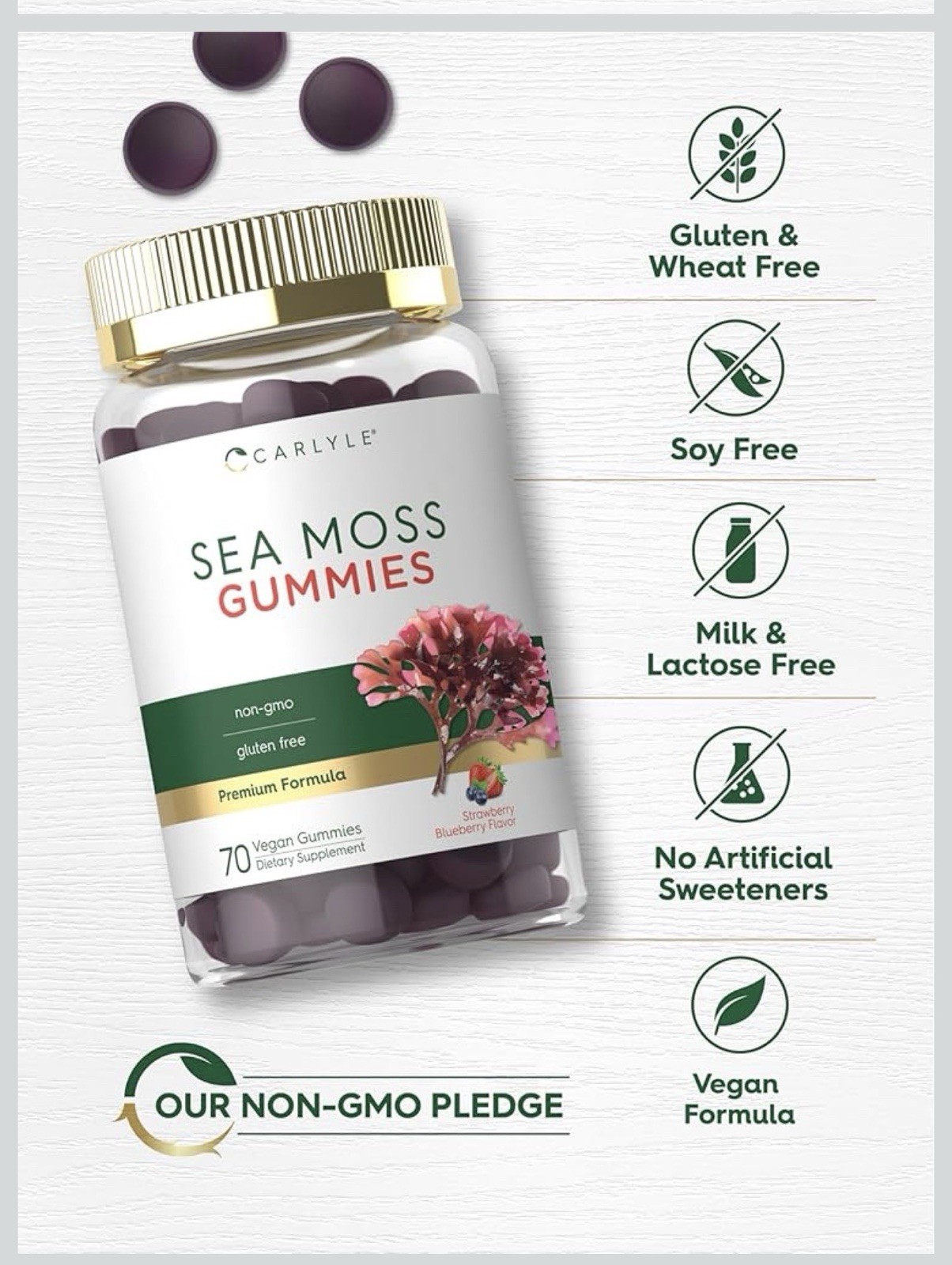 Carlyle Sea Moss Gummies 70 Ct Strawberry Blueberry Vegan Non-GMO Gluten Free