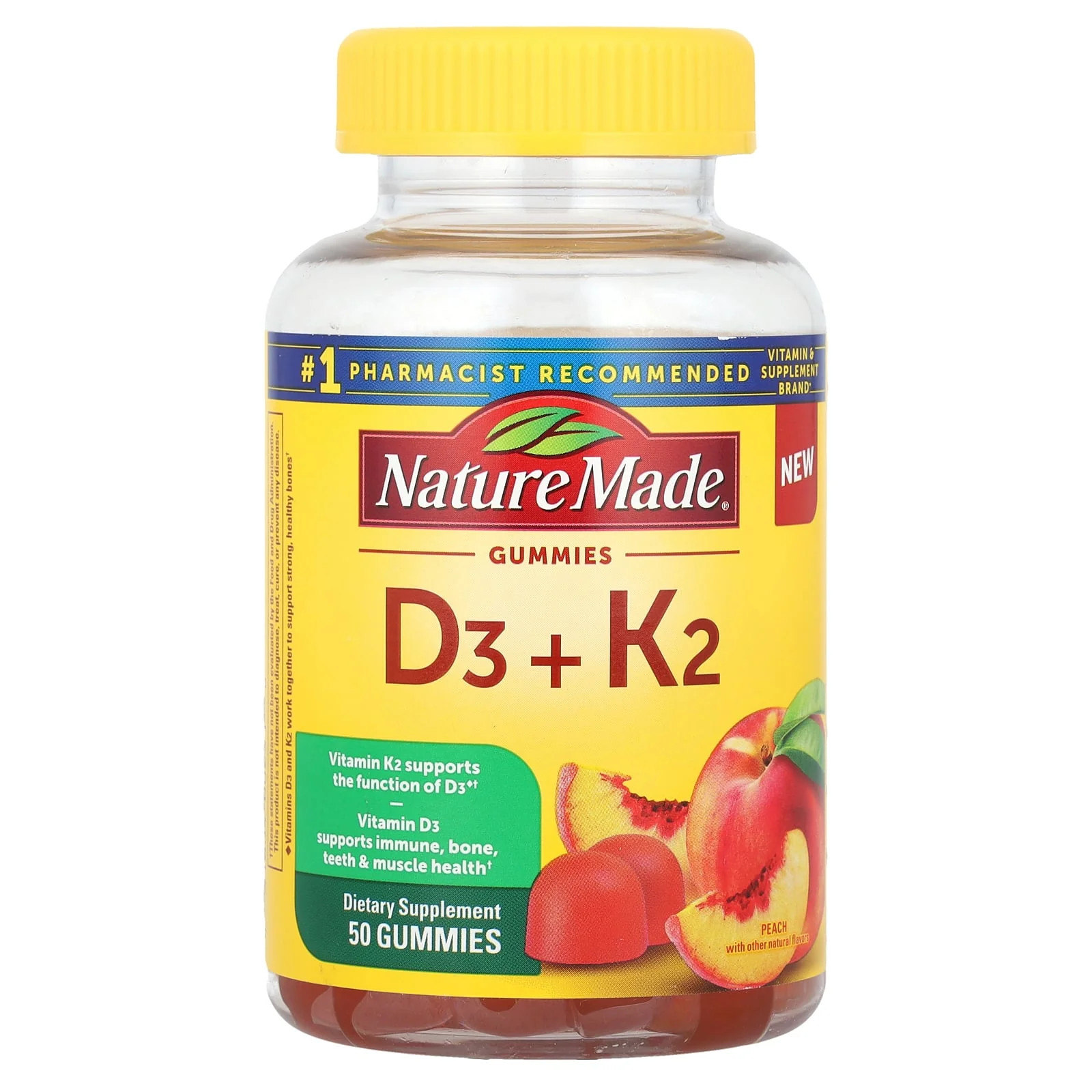 2 X Nature Made, Vitamin D3 + K2 Gummies, Peach, 50 Gummies