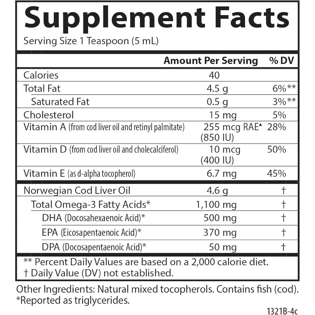 Carlson Cod Liver Oil 1100 mg Omega-3s Wild Caught Omega 3 Unflavored 8.4 Fl Oz