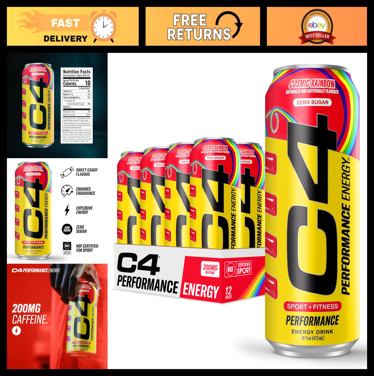 Zero Sugar Cosmic Rainbow Energy Drink | 200mg Caffeine Pre-Workout | 12 Pack