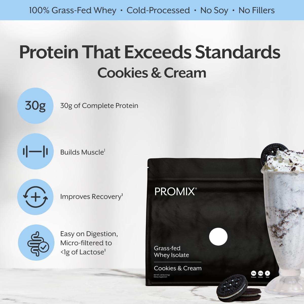 PROMIX Grass Fed Whey Isolate Cookies & Cream Protein Powder 2.45lb