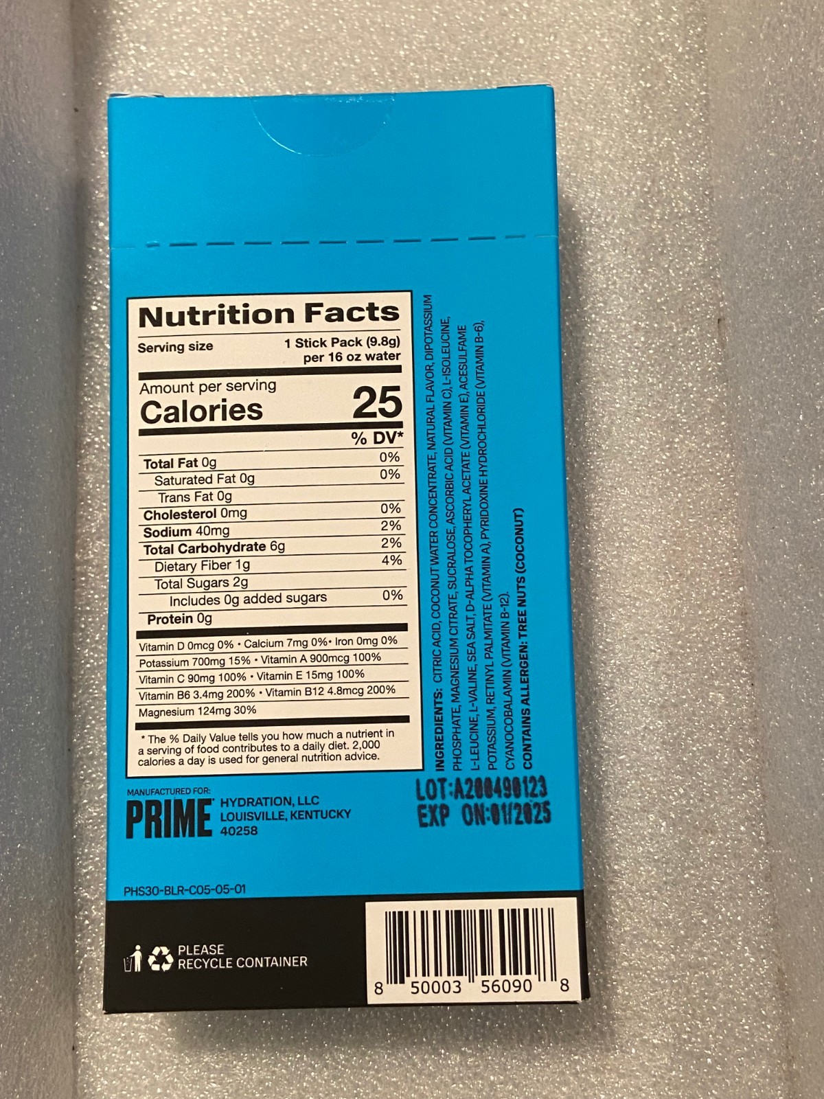 1 Box Prime Blue Raspberry Hydration Sticks (6) Expired 4/2025 *Unopened* d2