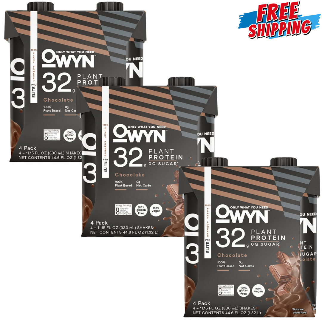 (3 Pack) OWYN Pro Elite Protein Shake, Chocolate, 4 Ct, 32g 100% Vegan Delicious