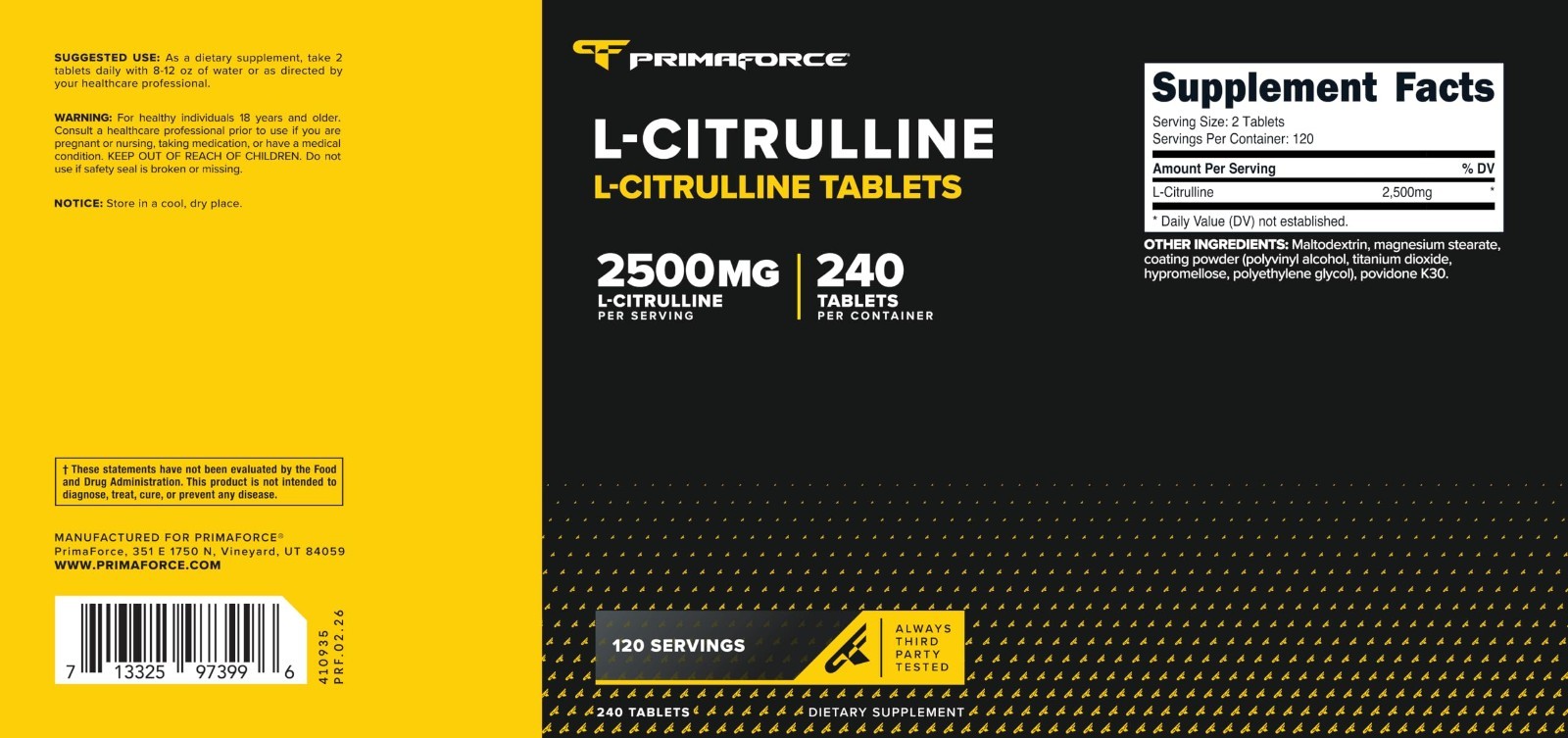 L-Citrulline 2500mg Supplement – 240 Tablets, 120 Servings for Energy & Recovery