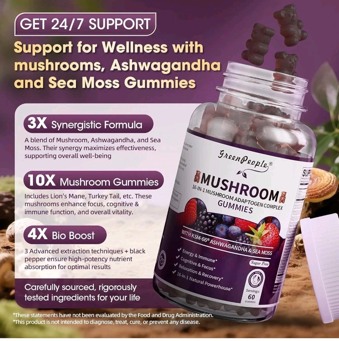 Green People – 4 Pack – Mushroom Gummies With Ashwagandha & Sea Moss Supplement