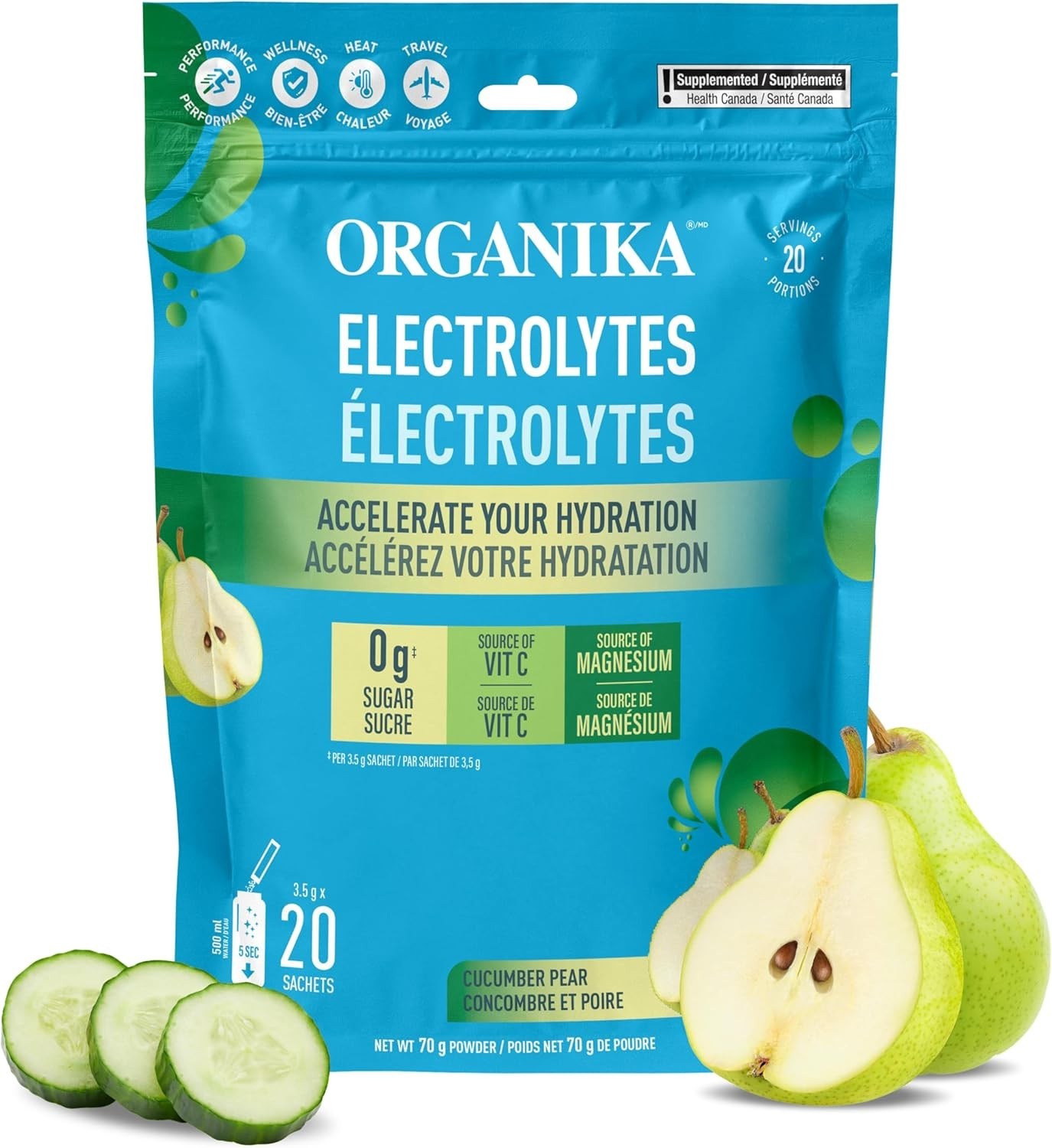 Organika Electrolytes Powder Cucumber Pear Flavor Hydrate 3.5gx20 Sachets NEW