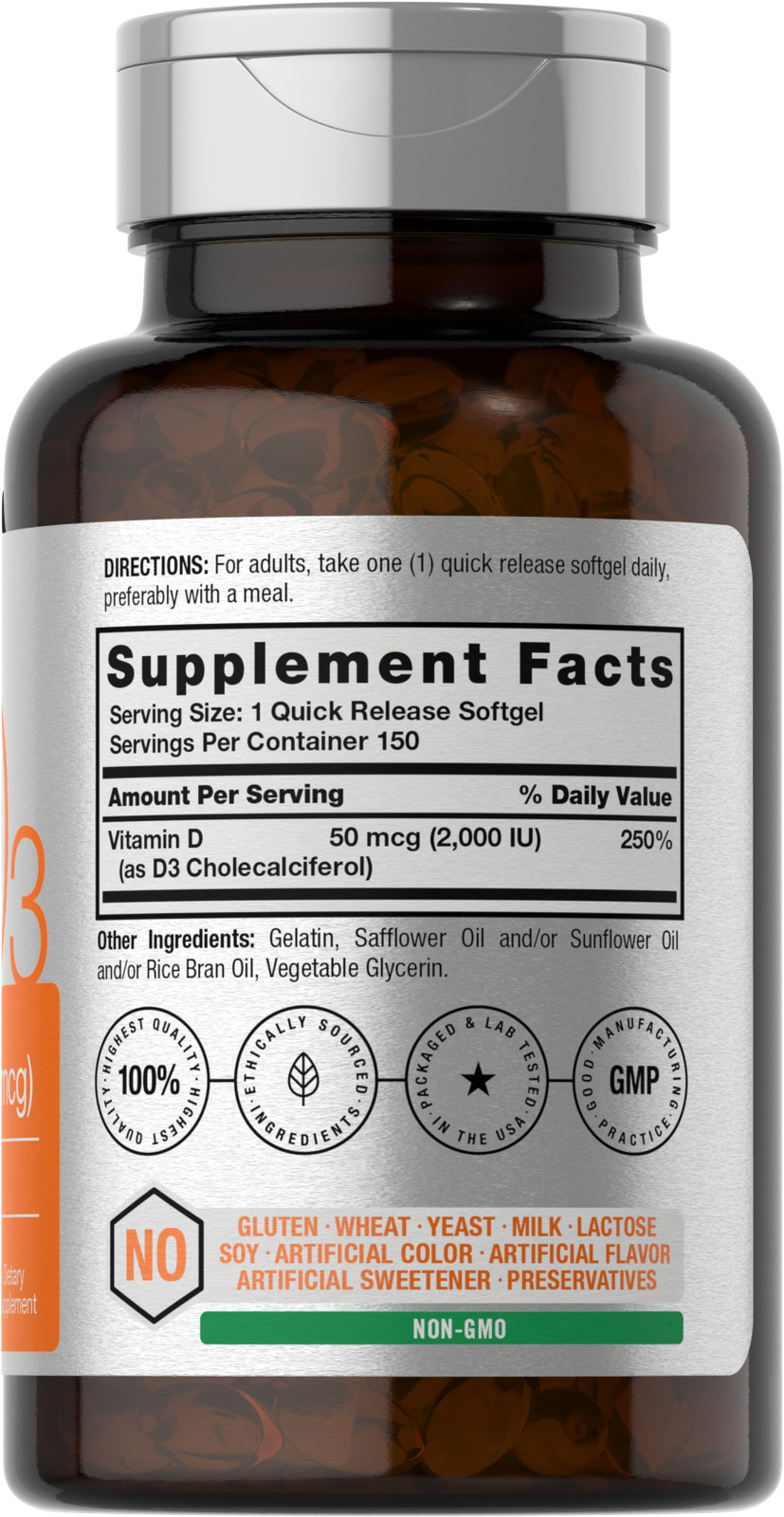 Vitamin D3 2000IU Softgels | 150 Count | Non-GMO, Gluten Fee | by Horbaach