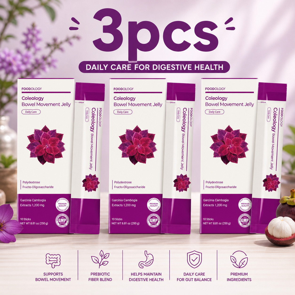 3PCS FOODOLOGY Coleology Bowel Movement Jelly (Grape & Prune) 10 Sticks Premium