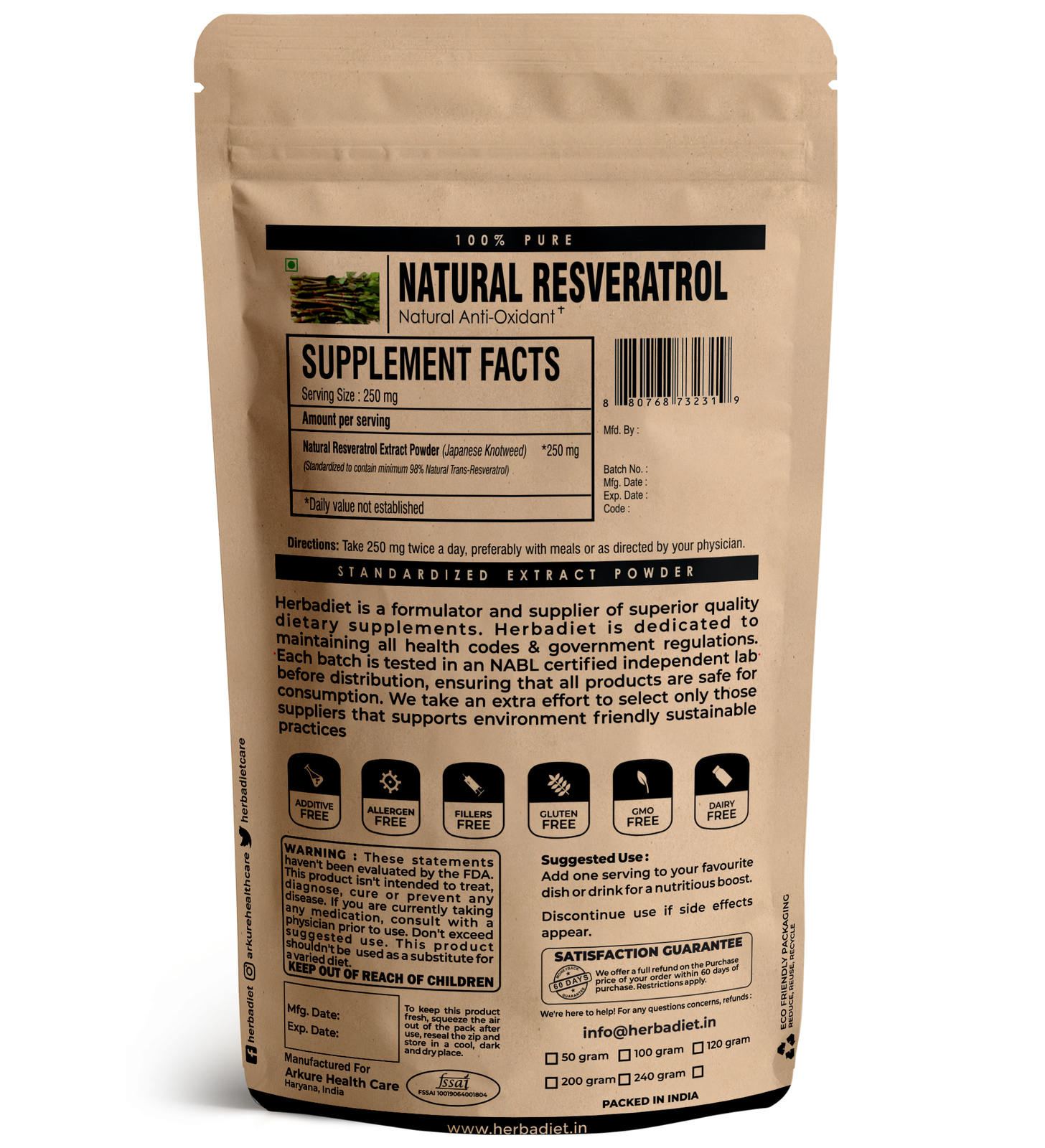 100% Pure Trans Resveratrol Powder | Anti-Aging Antioxidant Supplement 100g