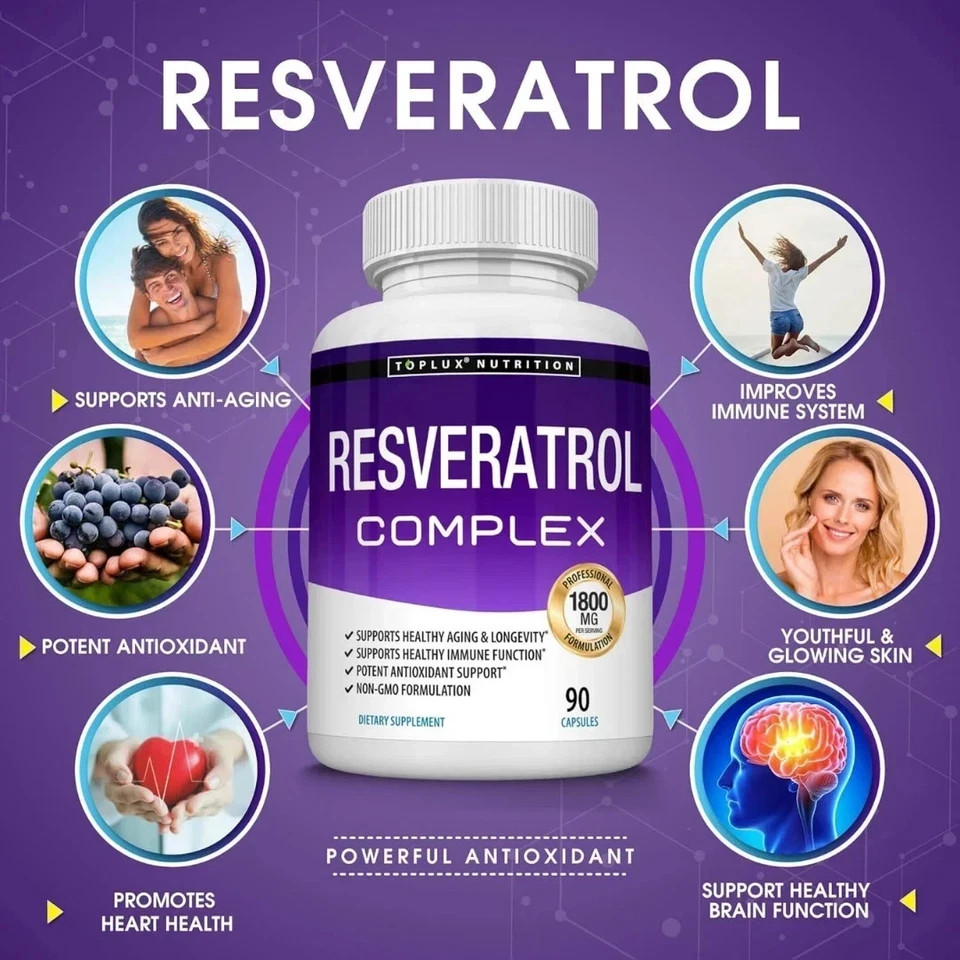 Resveratrol Supplement 1800mg Antioxidant Complex 90 Capsules Men Women