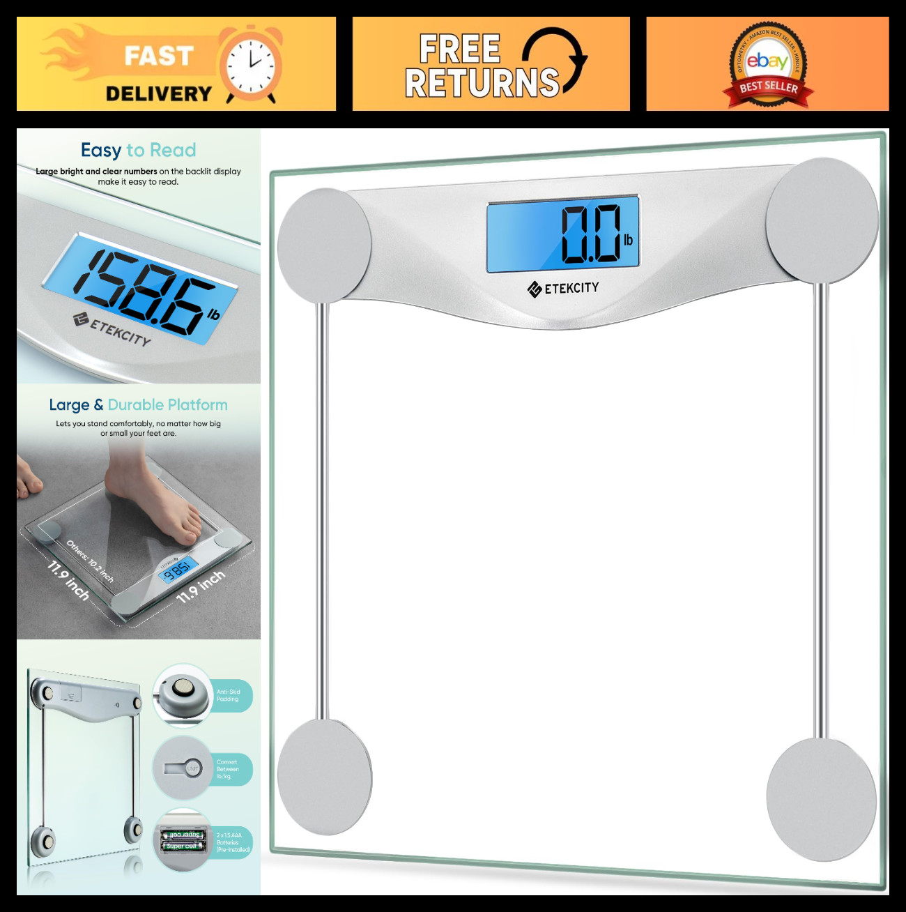 Digital Body Weight Scale – Large Blue LCD, High Precision, Tempered Glass, 400