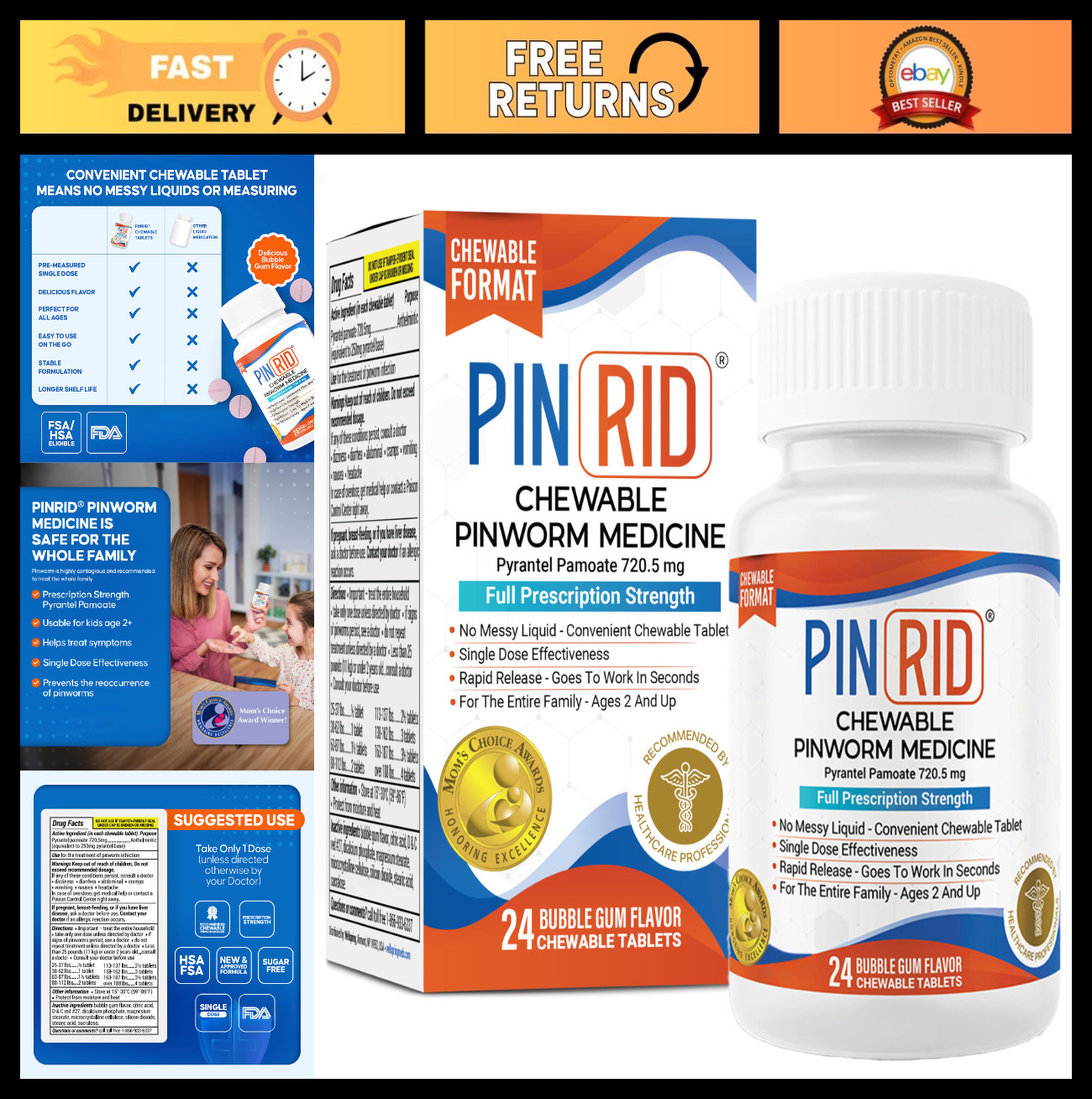 Effective Pinworm Medicine – 250mg Pyrantel Pamoate Chewable Tablets, 24 Doses,
