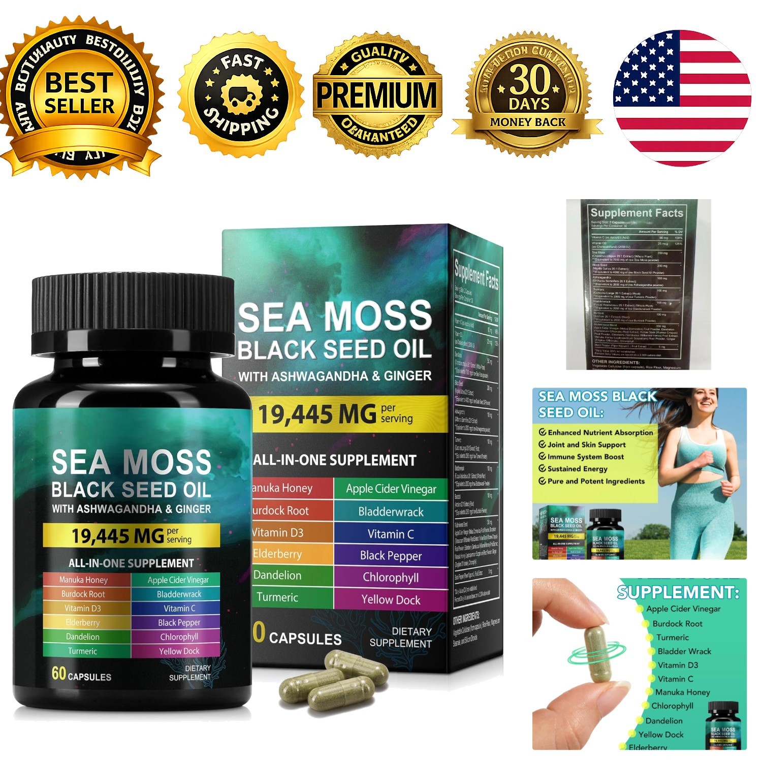 Sea Moss Black Seed Oil Ashwagandha Ginger Capsules Supplement 60 Count