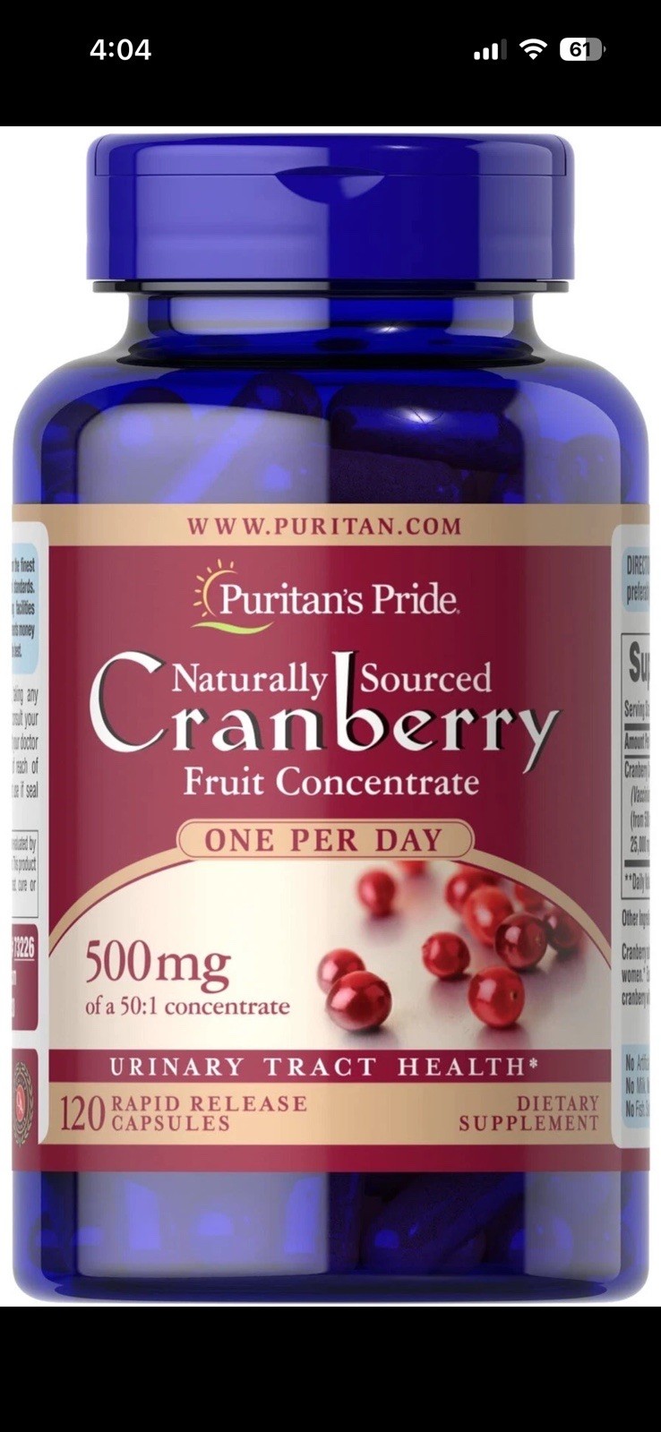 Puritans Pride One A Day Cranberry 120 Rapid Release Capsules, 500 mg Exp: 01/29