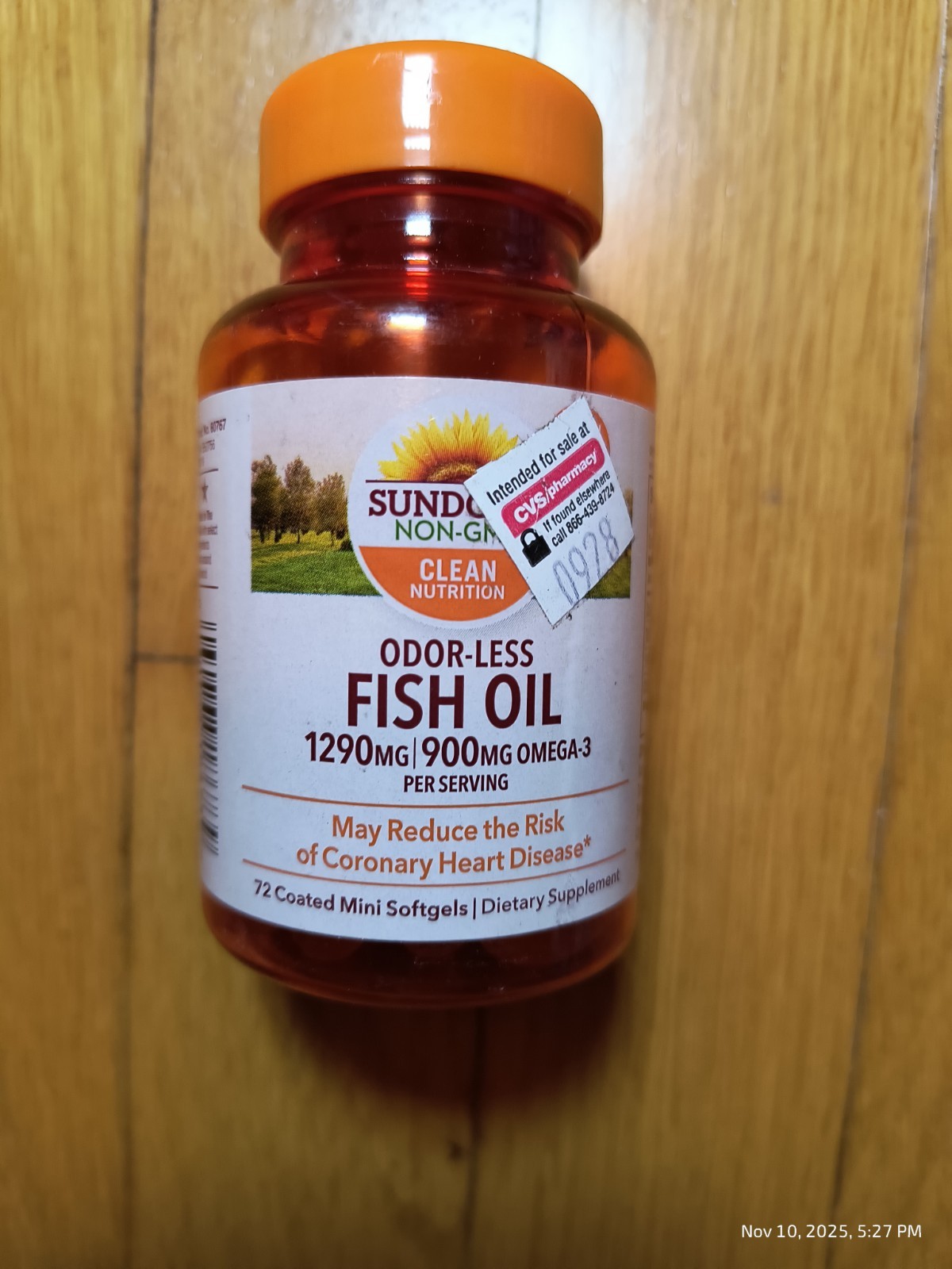 Sundown Odorless Fish Oil Mini Softgels 72 CT 1290mg Omega 3 Supplement Exp 1/27