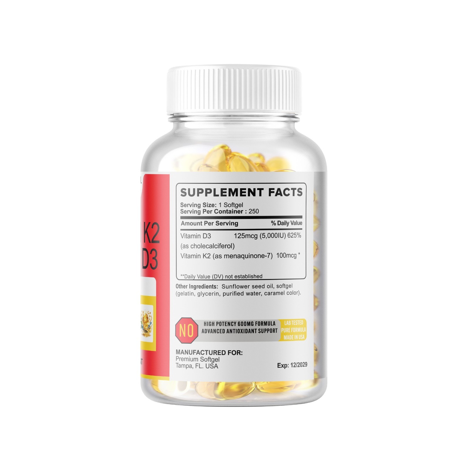 Vitamin K2 D3 Combo 250 Softgels, Gluten Free 2 Bottles 500 Total NON-GMO