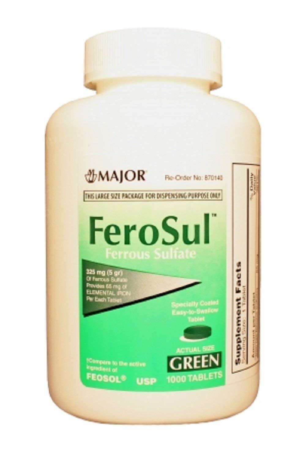 Ferrous Sulfate 325 mg Iron Tabs FeroSul (Generic Feosol) 1000 Green Tabs 11/26