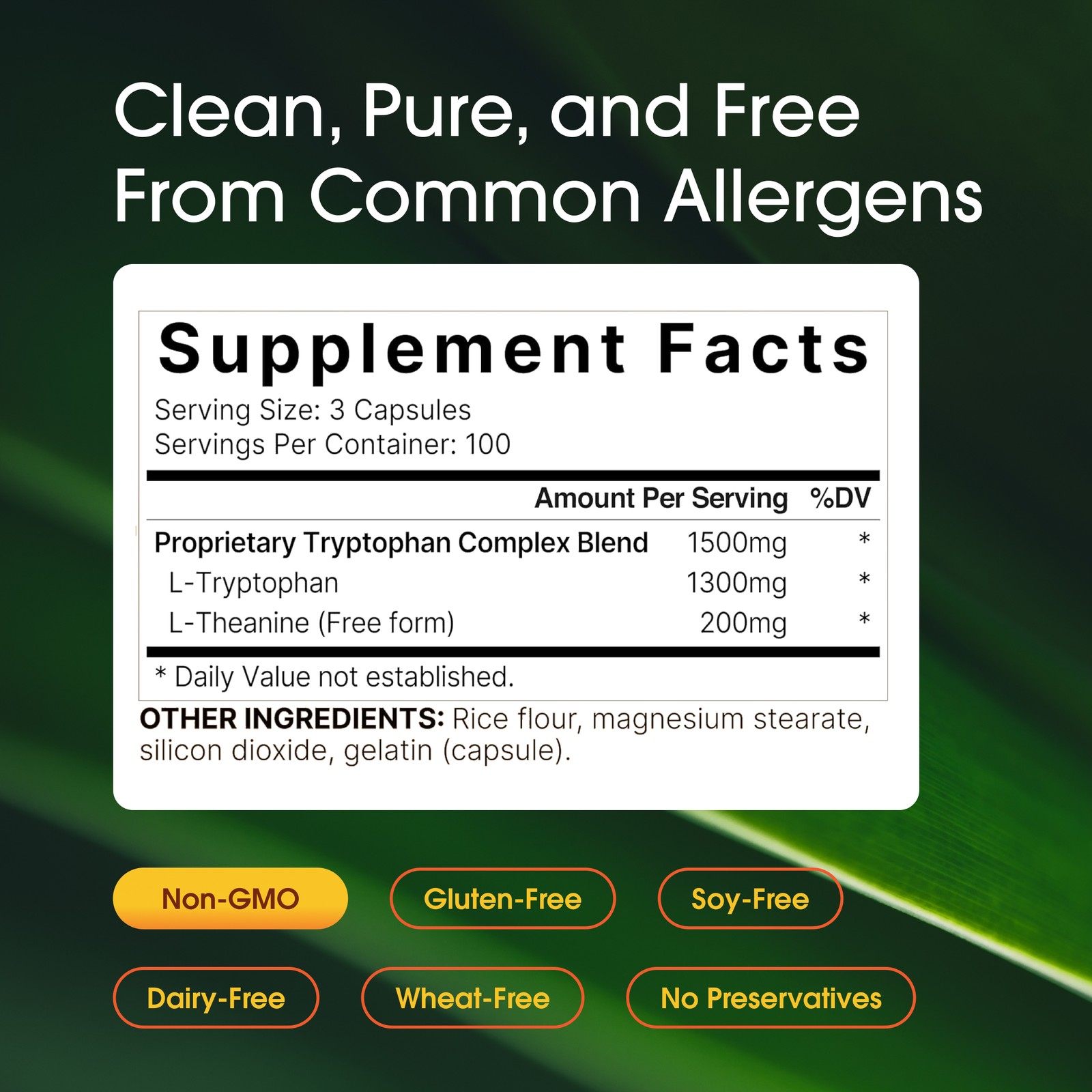 NatureBell L-Tryptophan 1300mg Theanine 300 Capsules Calm – 100 Servings