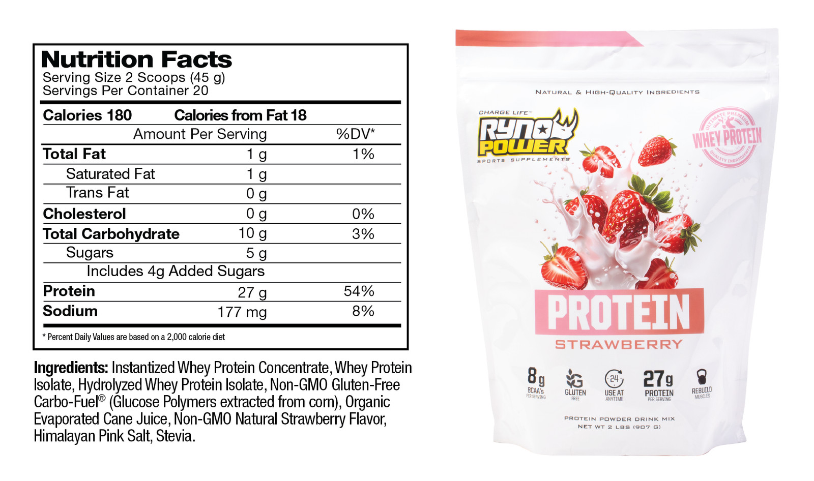Ryno Power Strawberry Protein Powder Single Serving Whey Blend