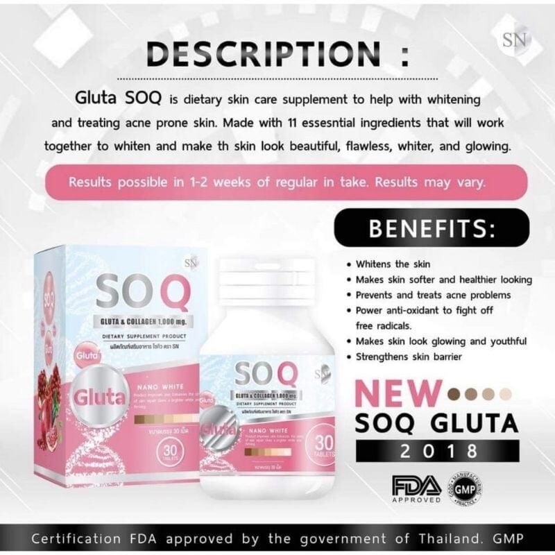 10X SOQ Gluta Collagen 1000mg Reduces Dark Spots Freckle Whitening Skin Brighten