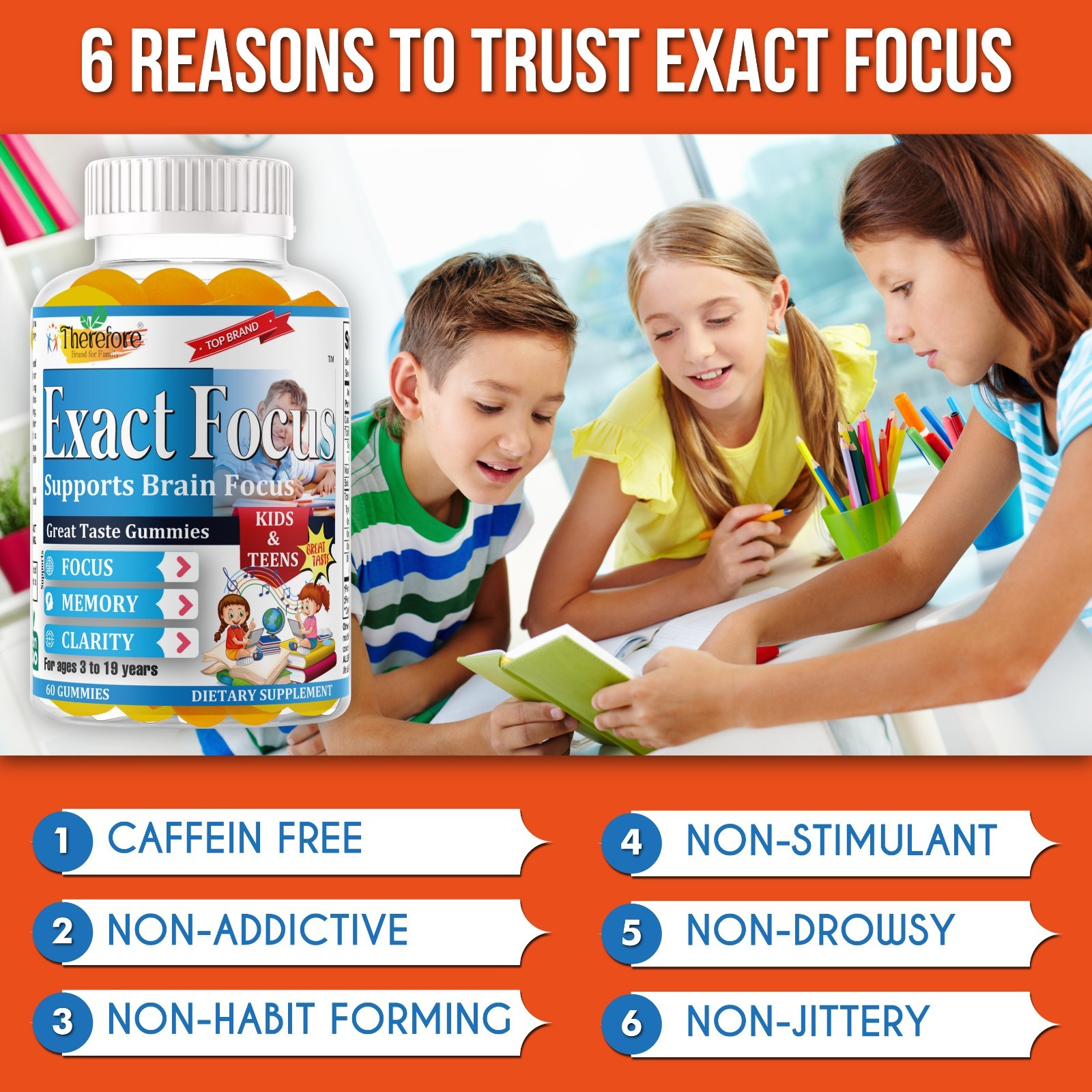 Exact Focus Brain Vitamins for Kids & Teens, Cognitive Clarity Supplement-60ct