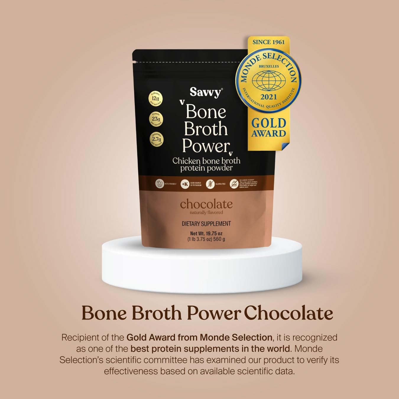 SAVVY Bone Broth Power Chocolate Protein Powder, 23g Protein, 12g Collagen G…